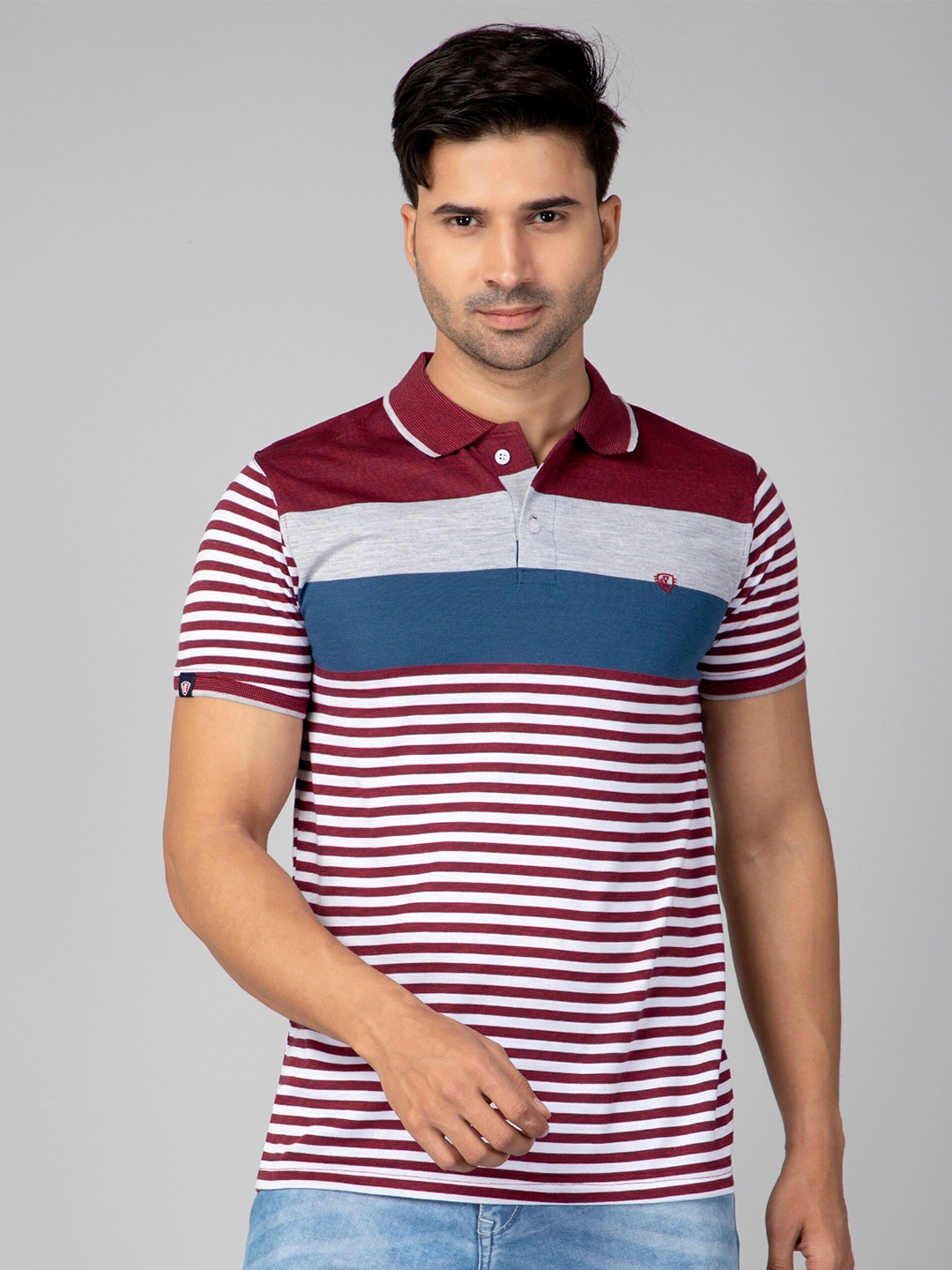 

WE PERFECT Striped Polo Collar Cotton T-shirt, Maroon