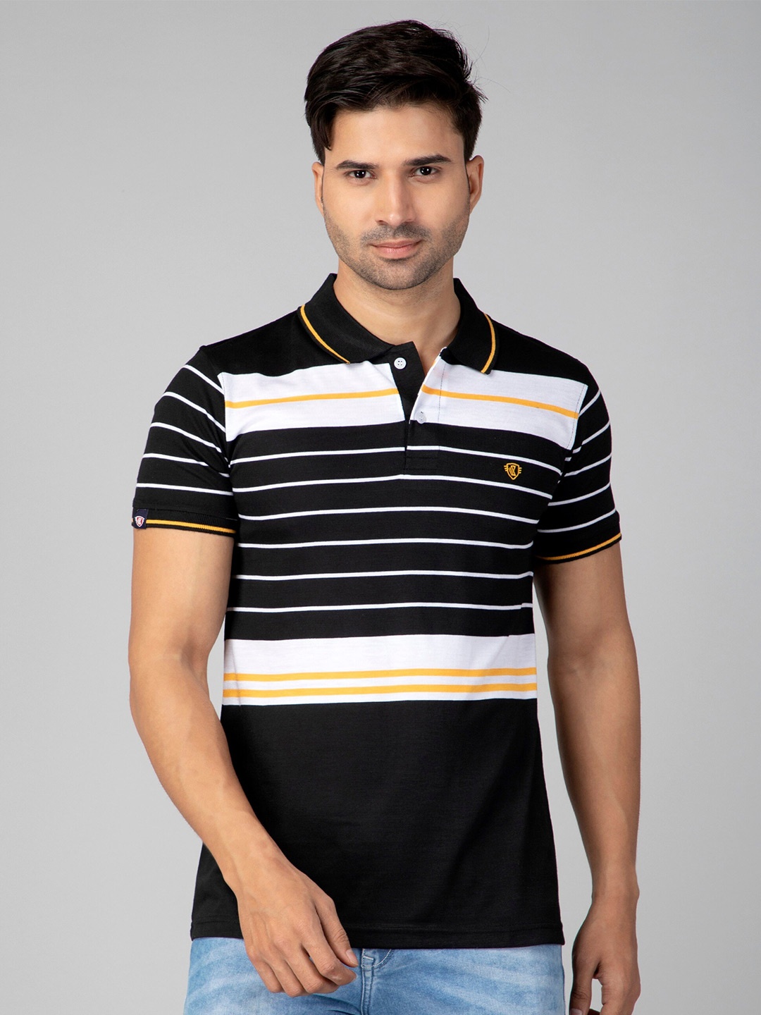 

WE PERFECT Striped Polo Collar Cotton T-shirt, Black