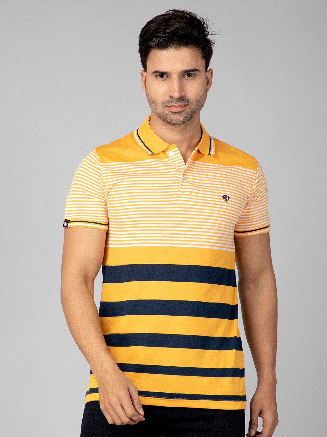

WE PERFECT Striped Polo Collar Cotton T-shirt, Yellow