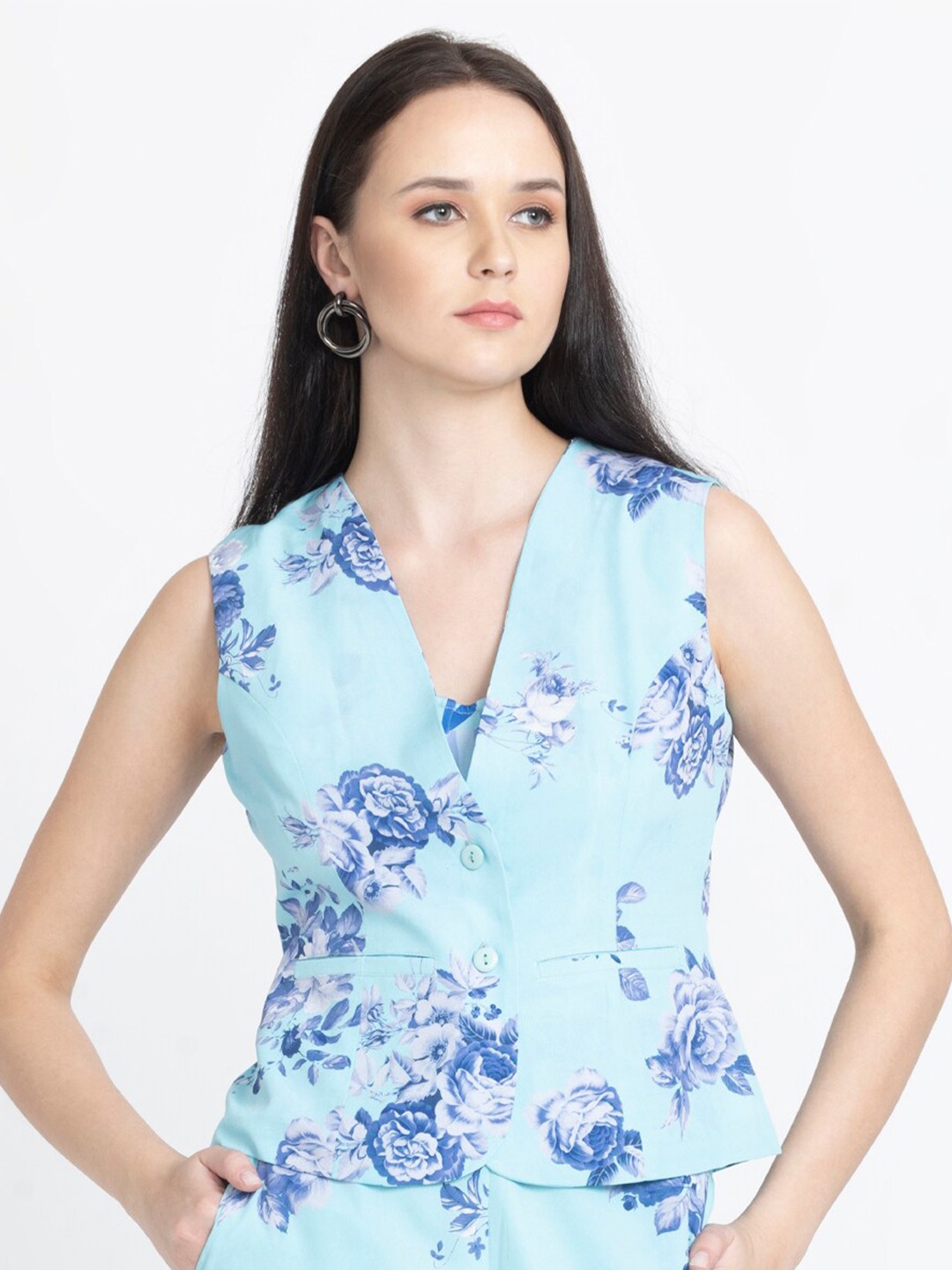 

SHAYE Floral Print Sleeveless Pure Cotton Wrap Top, Blue