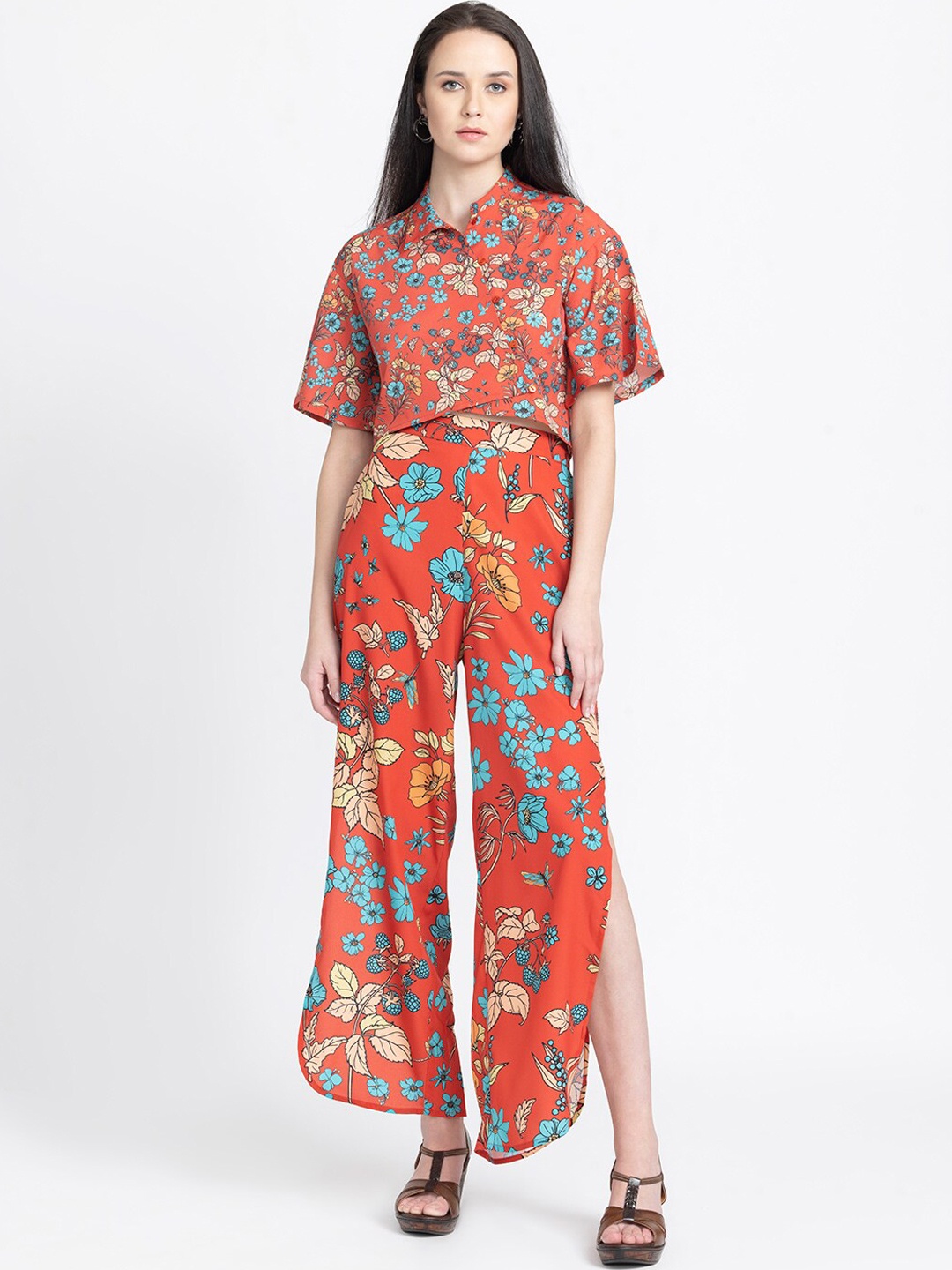 

SHAYE Floral Printed Wrap Shirt And Trouser, Red
