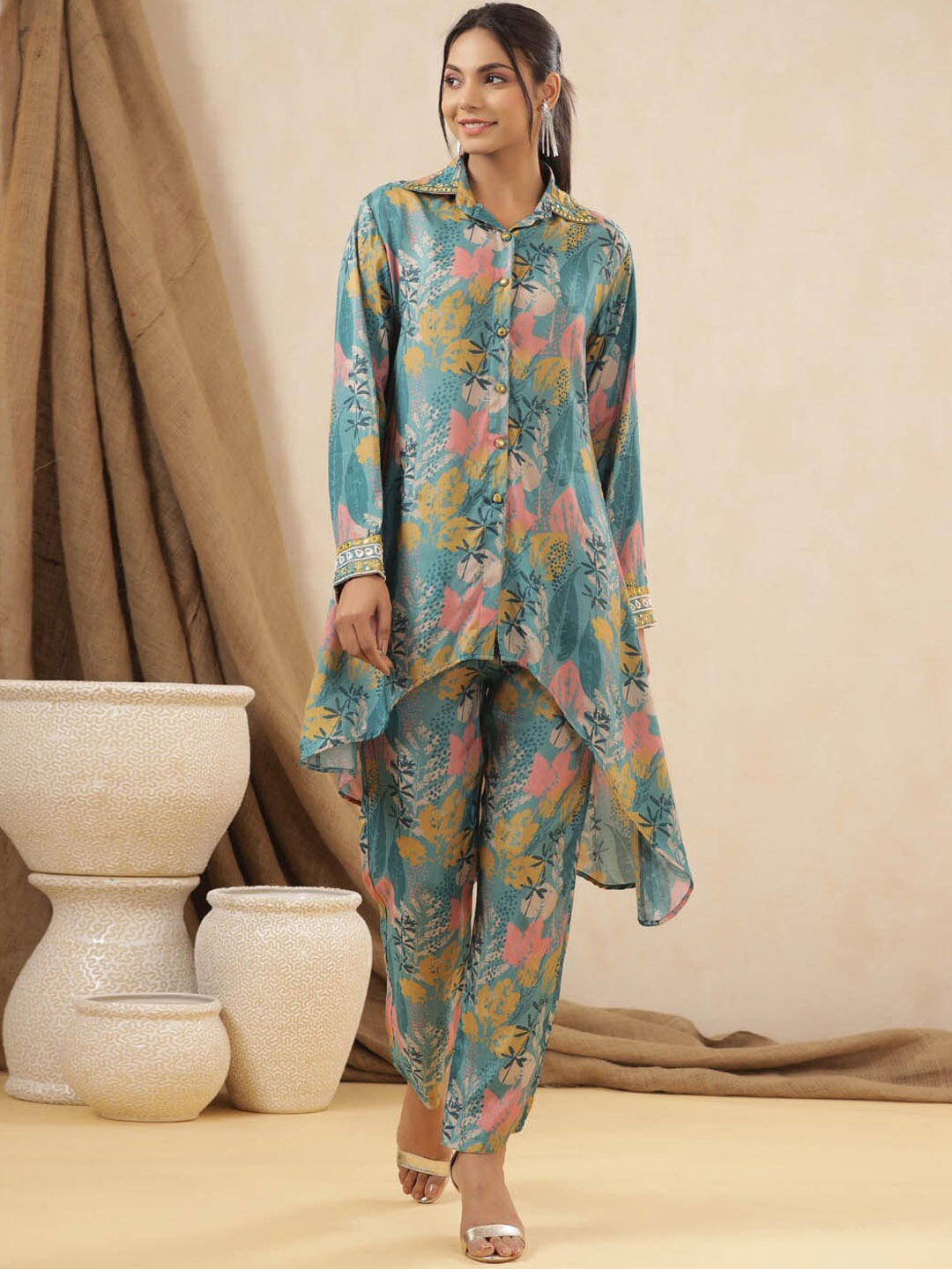 

Meena Bazaar Floral Printed Art Silk Top with Trousers, Teal