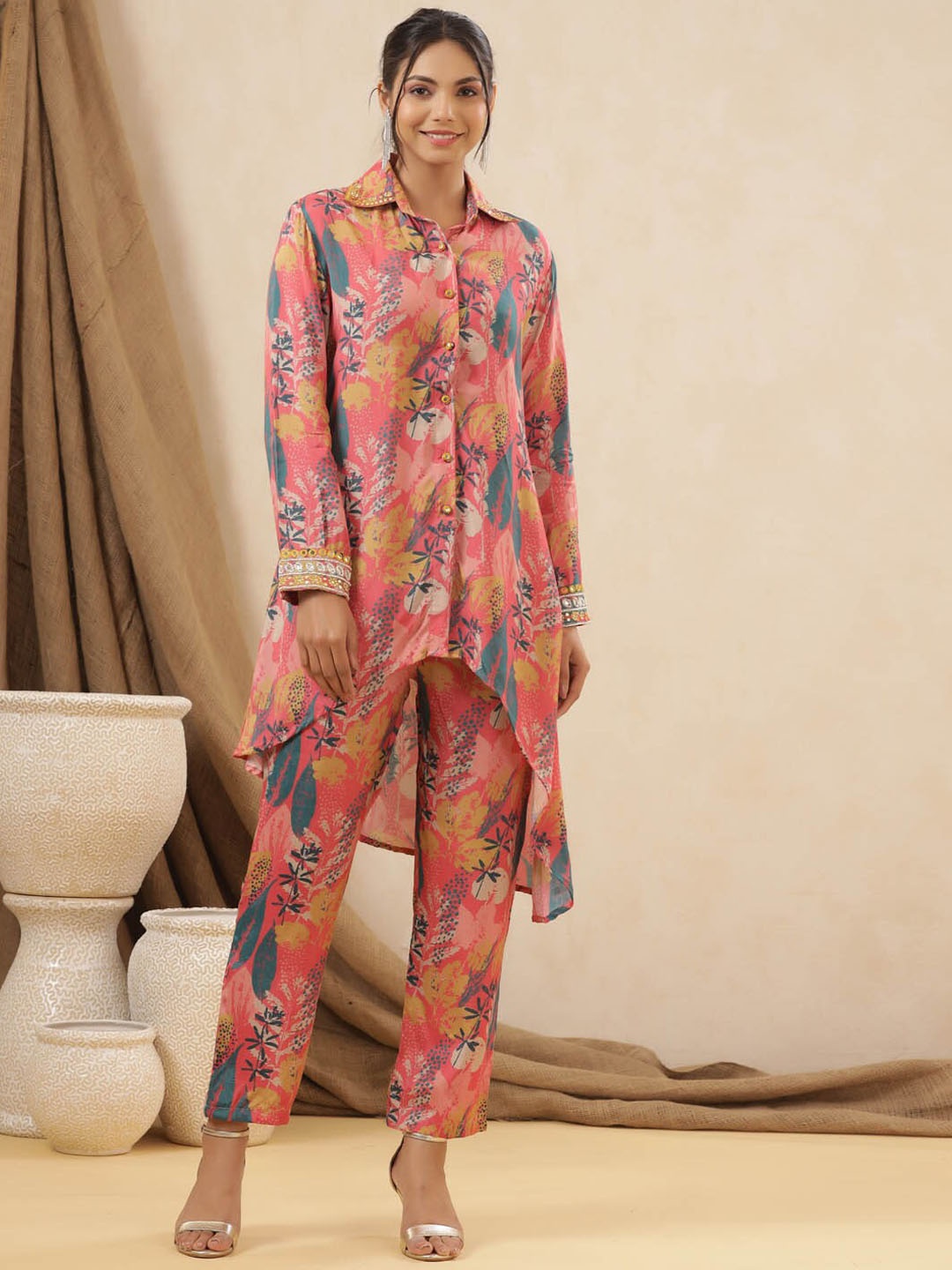 

Meena Bazaar Floral Printed Asymmetric Top With Trousers, Pink