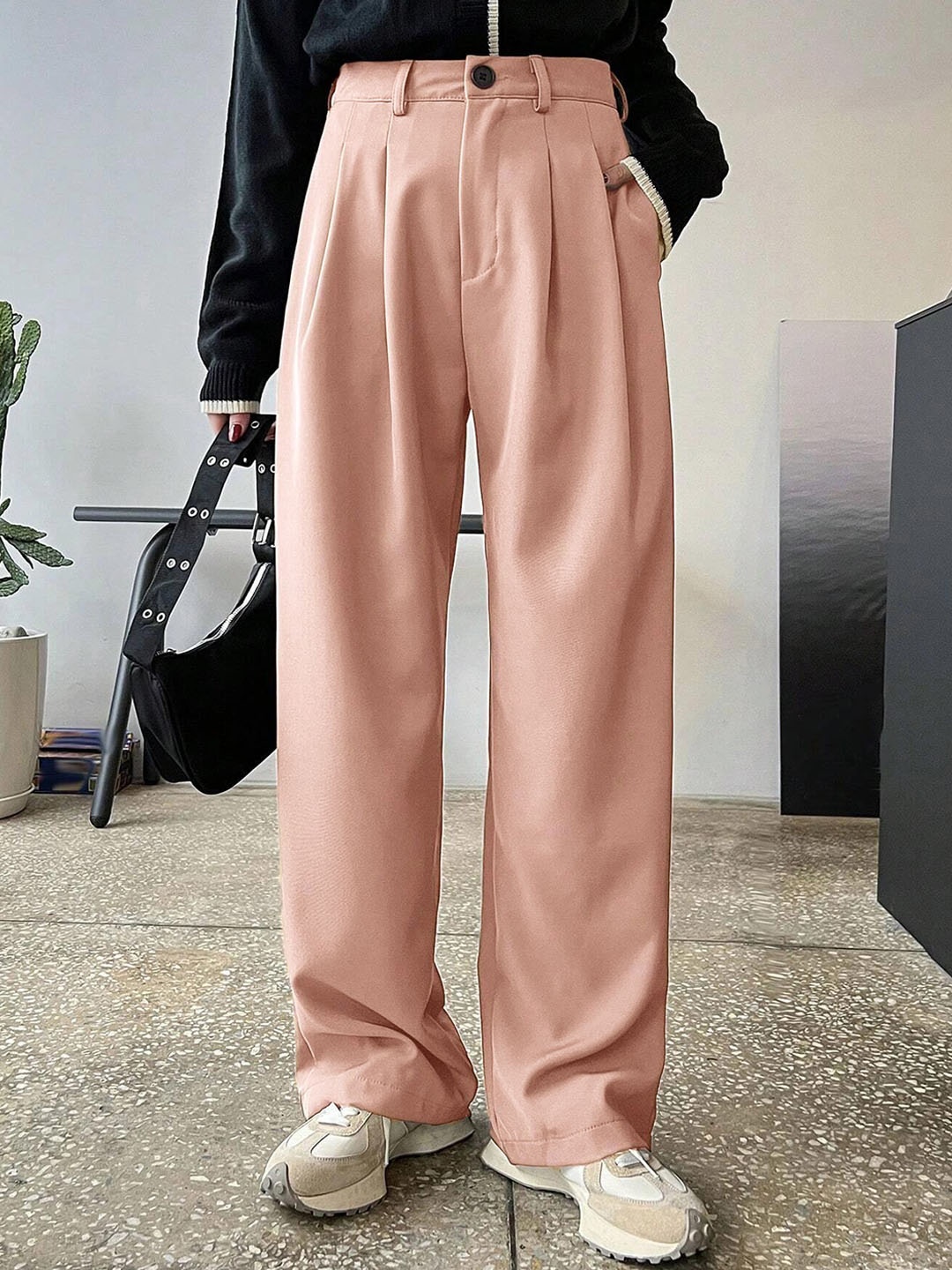 

KOTTY BIZwear Women Pink Relaxed Straight Leg Straight Fit High-Rise Easy Wash Pleated Trousers