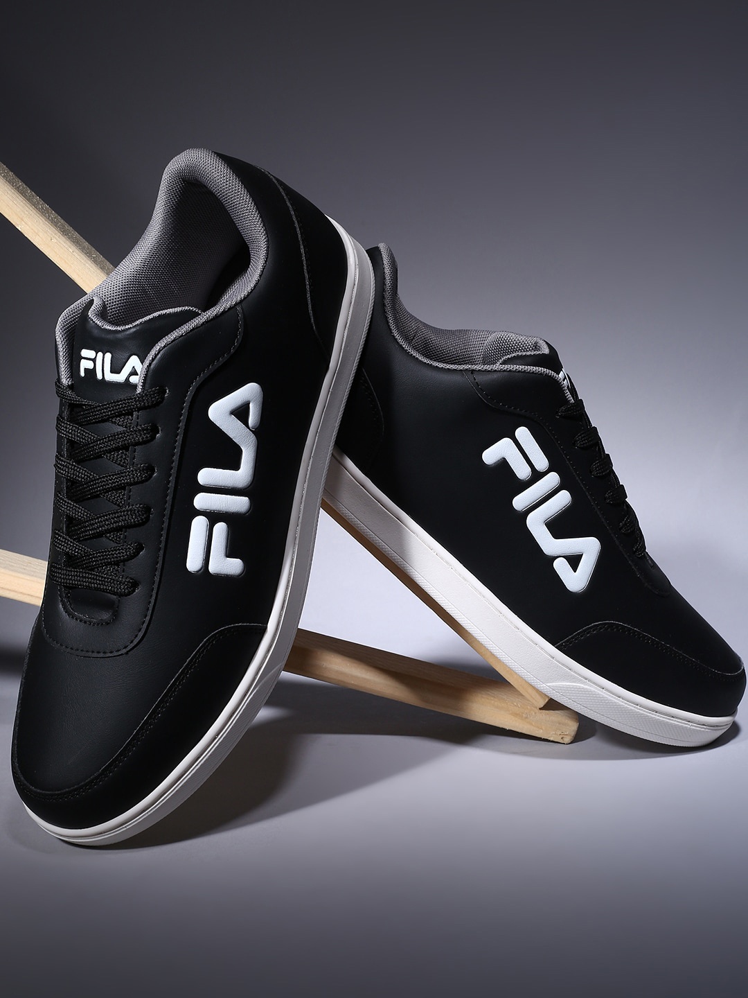 

FILA Men Brand Logo Printed Lace-Up Regular PU Sneakers, Black