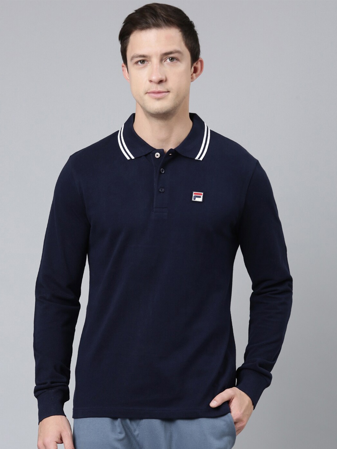 

FILA Long Sleeves Polo Collar Organic Cotton T-shirt, Navy blue