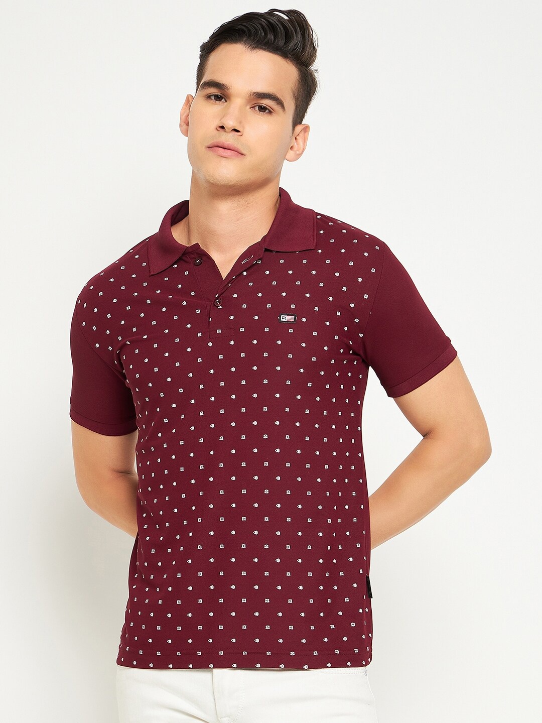 

FirstKrush Micro Ditsy Printed Polo Collar Cotton T-shirt, Maroon