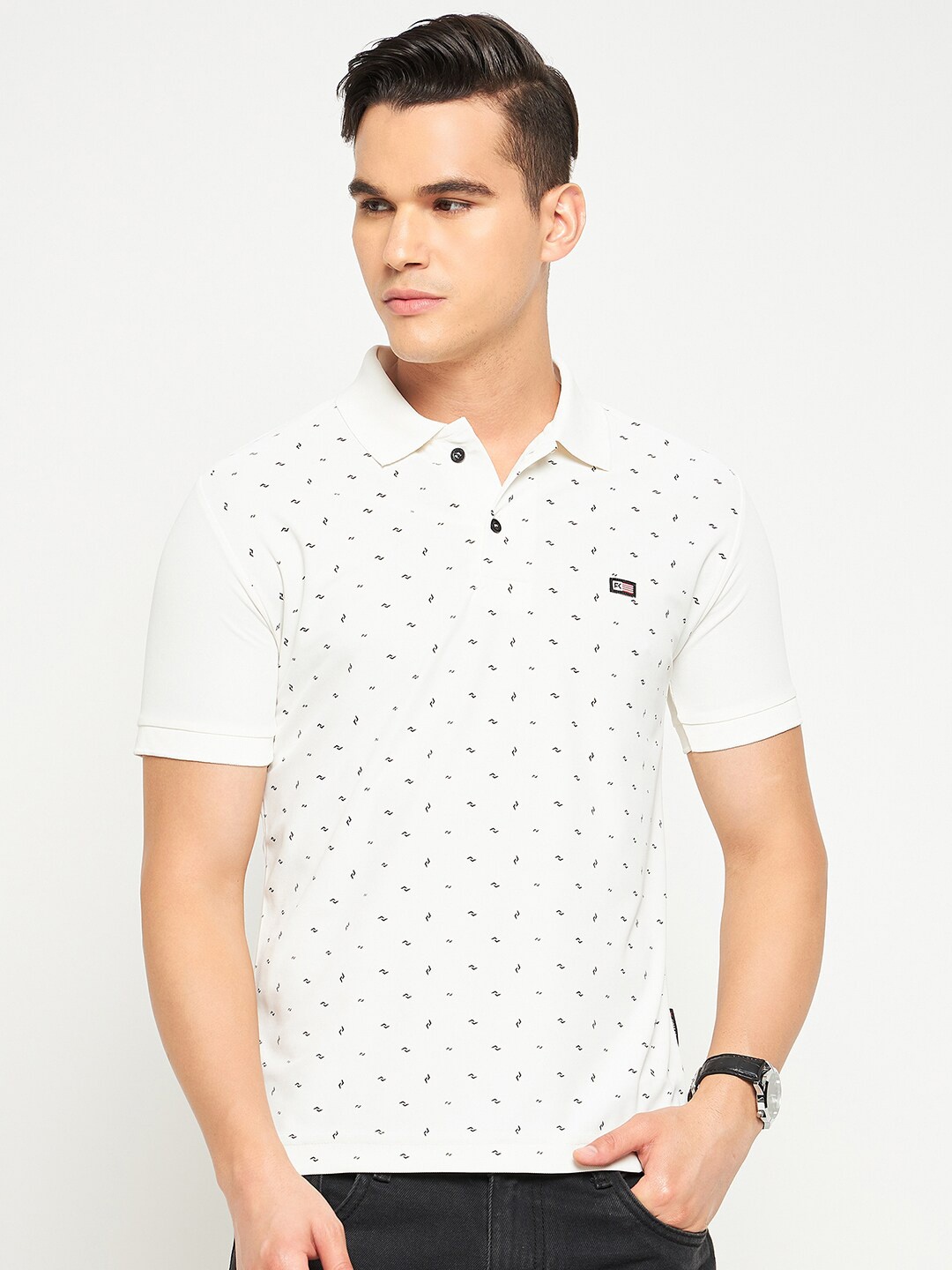 

FirstKrush Micro Ditsy Printed Polo Collar Cotton T-shirt, White