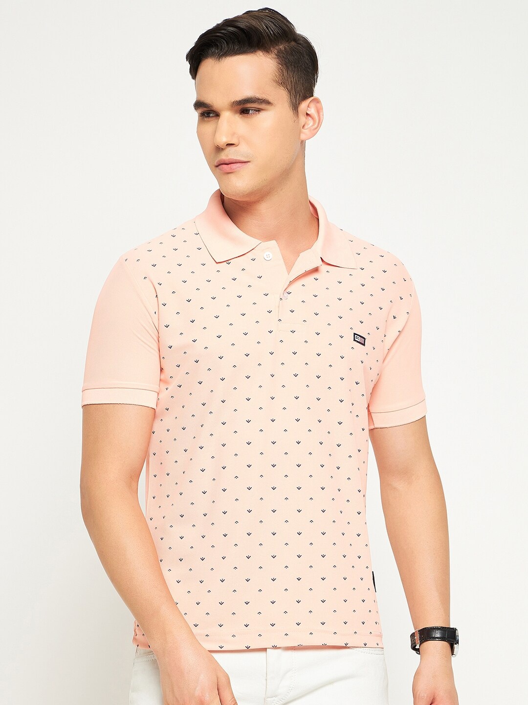

FirstKrush Micro Ditsy Printed Polo Collar Cotton T-shirt, Peach