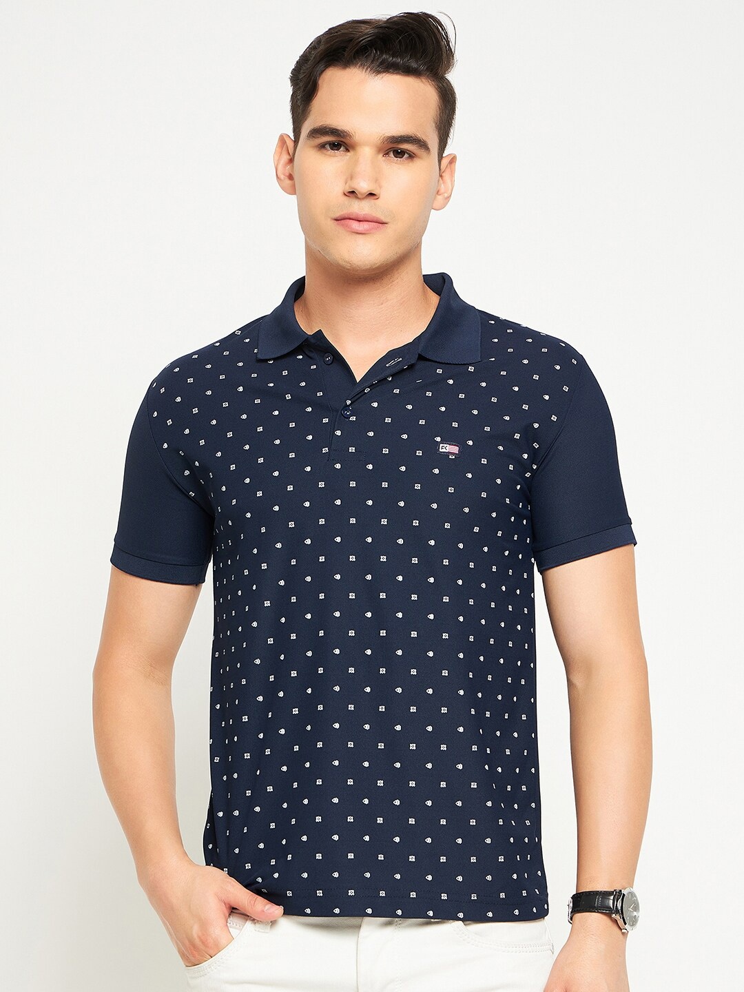 

FirstKrush Micro Ditsy Printed Polo Collar Cotton T-shirt, Navy blue