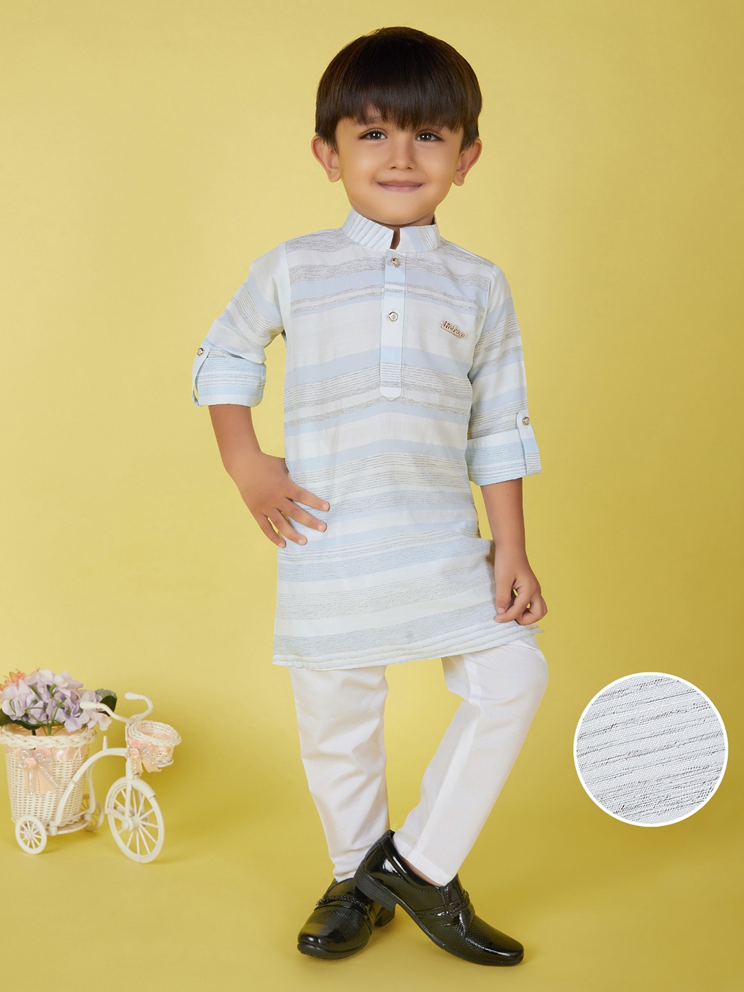 

KIDS FARM Boys Striped Pure Cotton Kurta with Pyjama, Blue