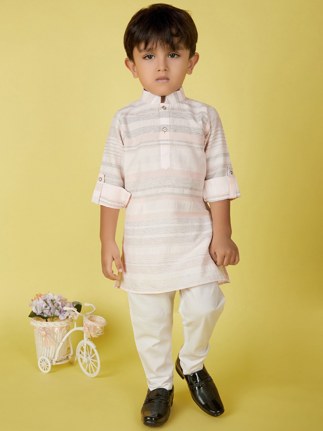 

KIDS FARM Boys Striped Pure Cotton Kurta with Pyjama, Pink
