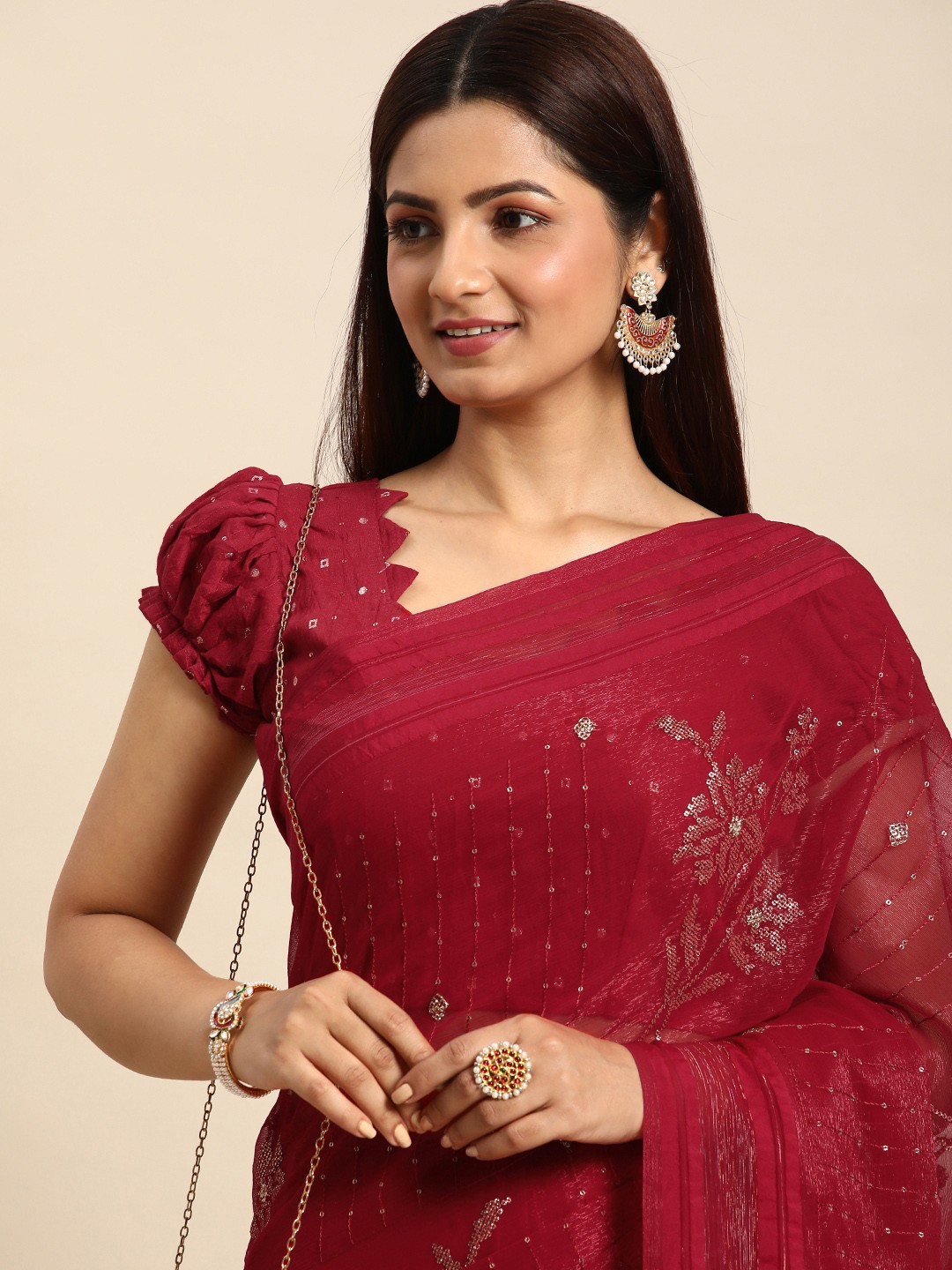 

Mitera Floral Sequinned Silk Chiffon Saree, Red
