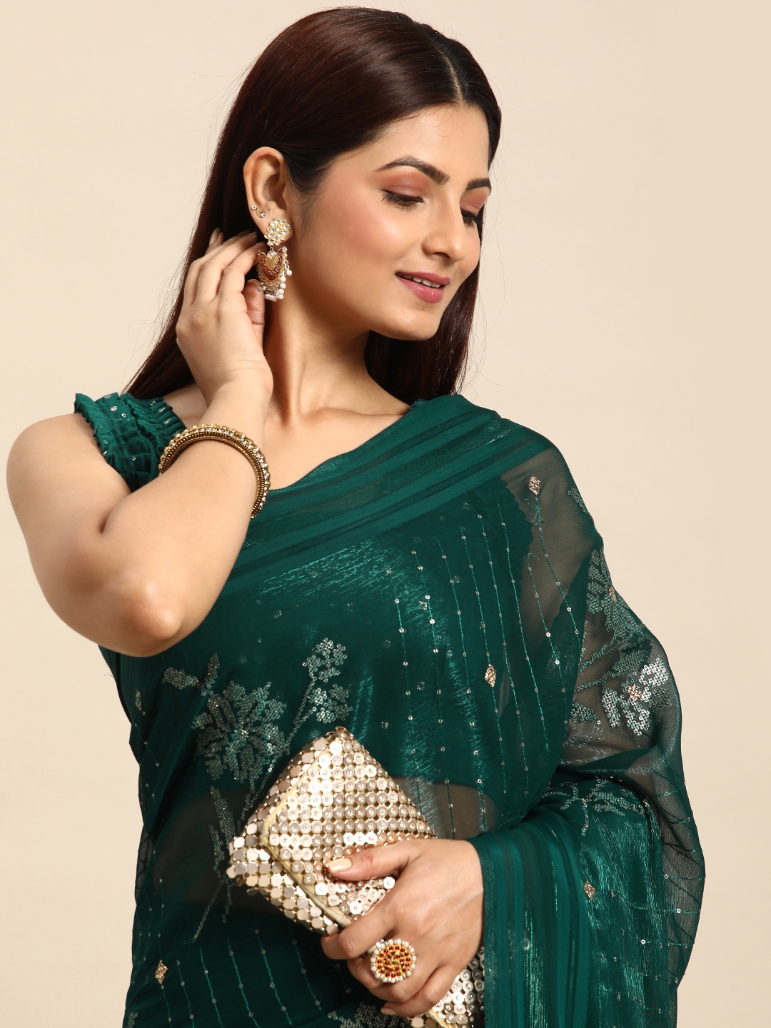 

Mitera Floral Zari Sequinned Silk Chiffon Saree, Teal