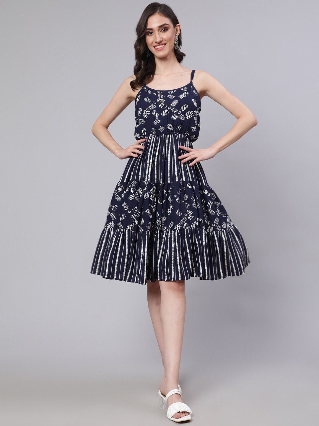 

DAEVISH Abstract Printed Sleeveless Knee Length Tiered Fit & Flare Dresses, Navy blue