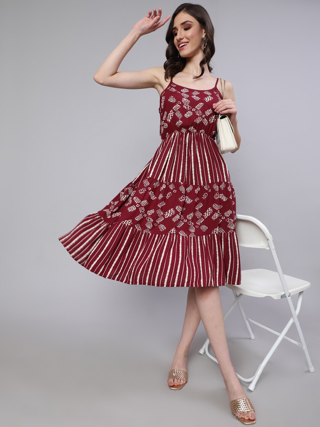 

DAEVISH Abstract Printed Sleeveless Knee Length Tiered Fit & Flare Dresses, Maroon