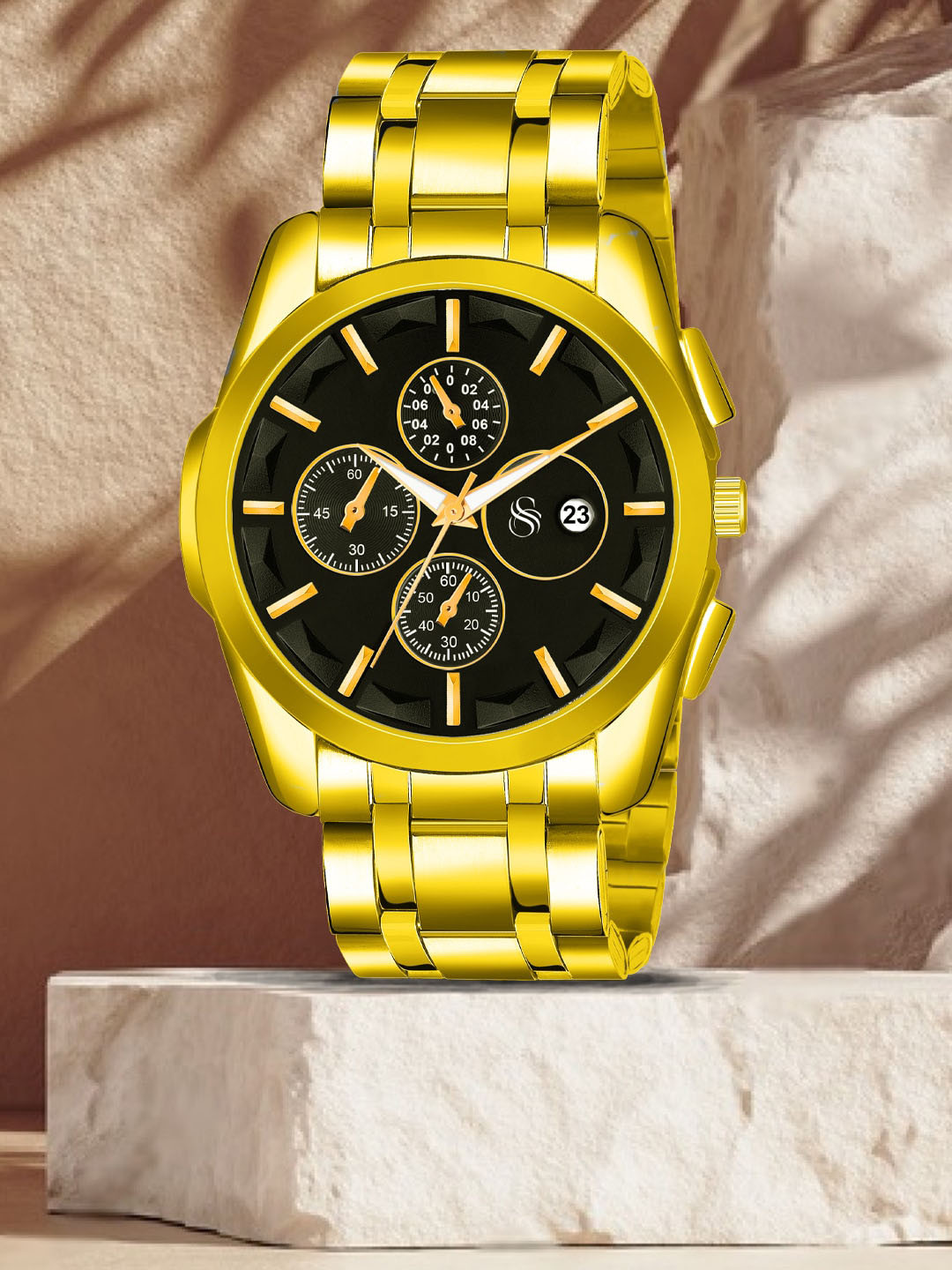 

Shocknshop Men Dial & Stainless Steel Textured Straps Analogue Chronograph Watch WCH81Gold, Gold