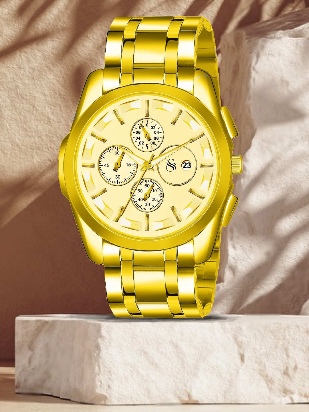 

Shocknshop Men Gold Toned Stainless Steel Textured Straps Analogue Chronograph Watch