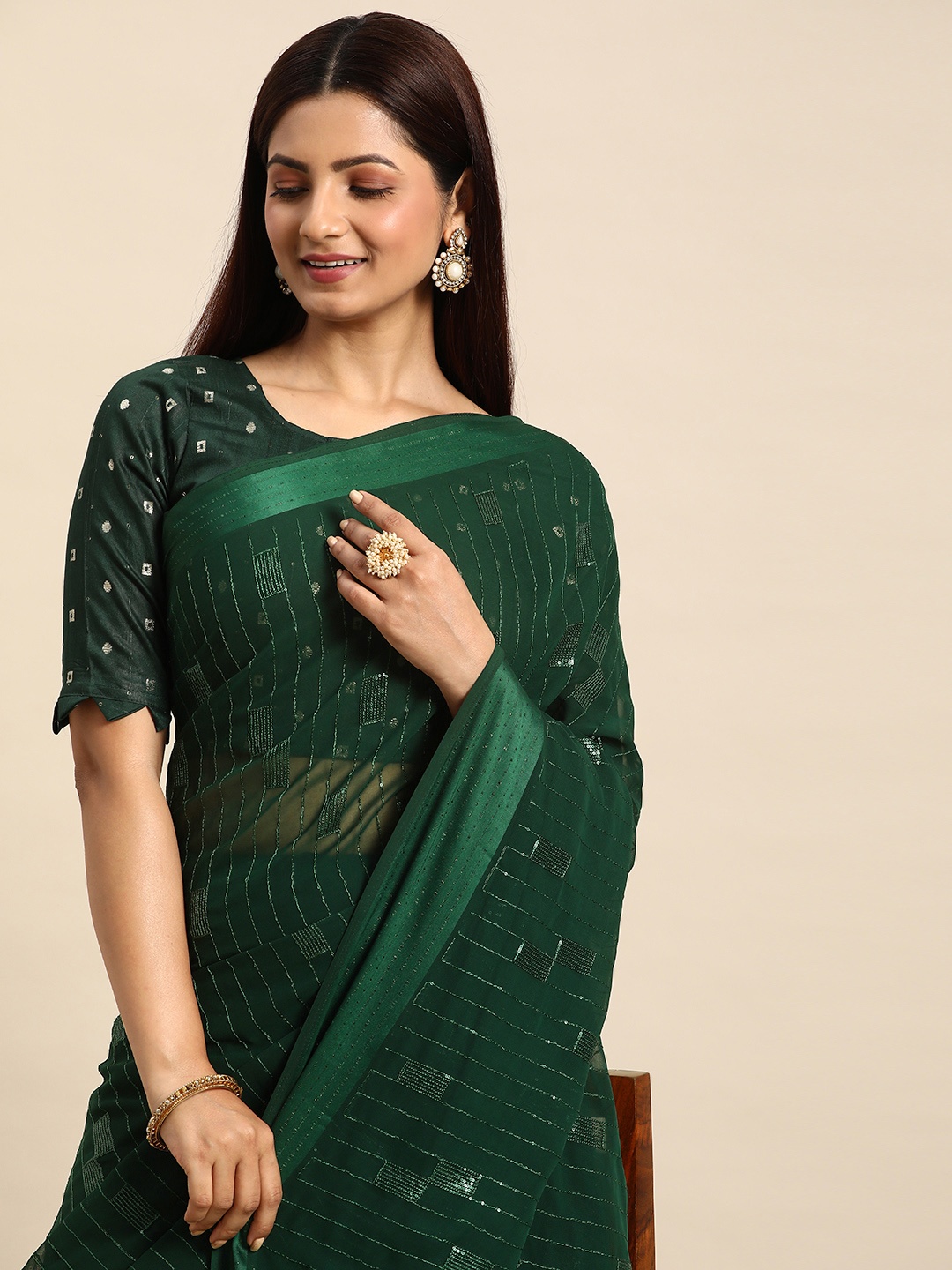 

Mitera Embroidered Embellished Sequinned Pure Georgette Saree, Green