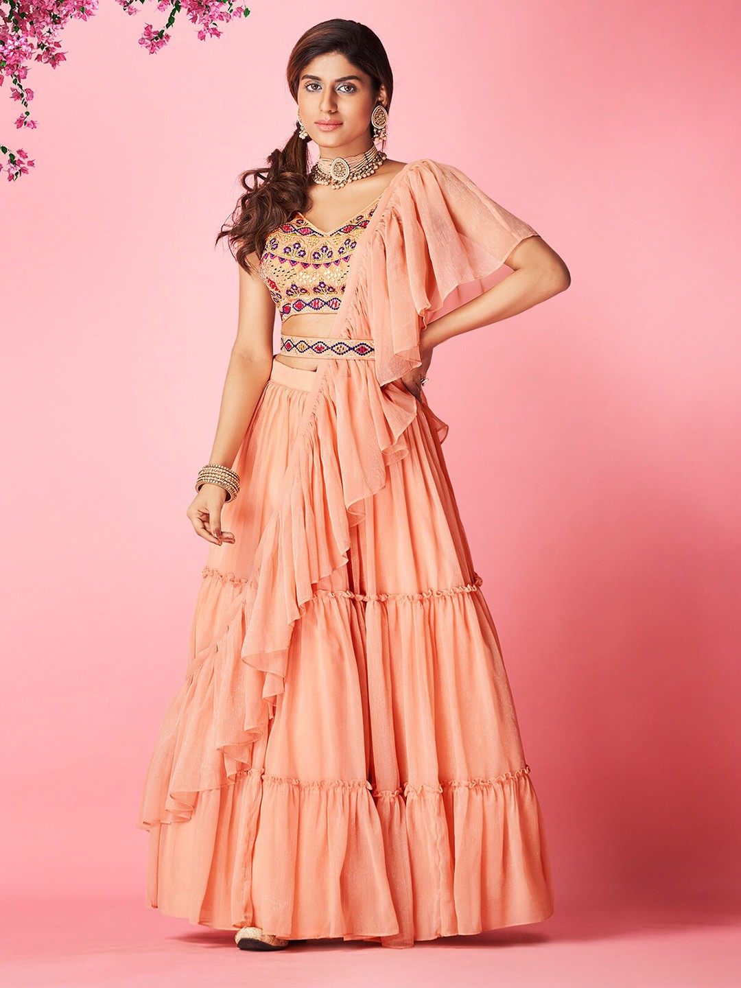 

ODETTE Embroidered Thread Work Semi-Stitched Lehenga & Blouse With Dupatta, Peach