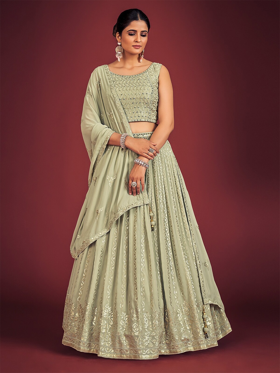 

ODETTE Embellished Sequinned Ready to Wear Lehenga & Blouse With Dupatta, Sea green