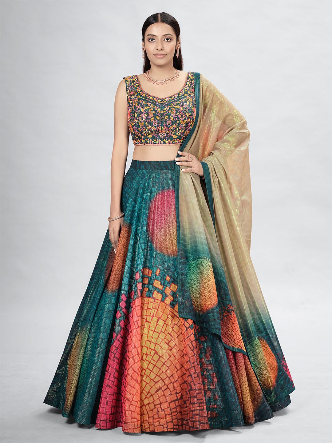 

ODETTE Abstract Printed Mirror Work Semi-Stitched Lehenga & Blouse With Dupatta, Green