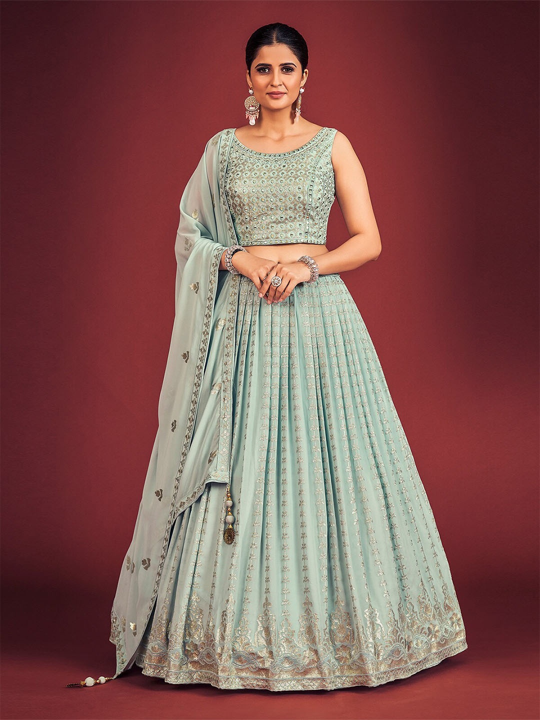 

ODETTE Embellished Sequinned Ready to Wear Lehenga & Blouse With Dupatta, Blue