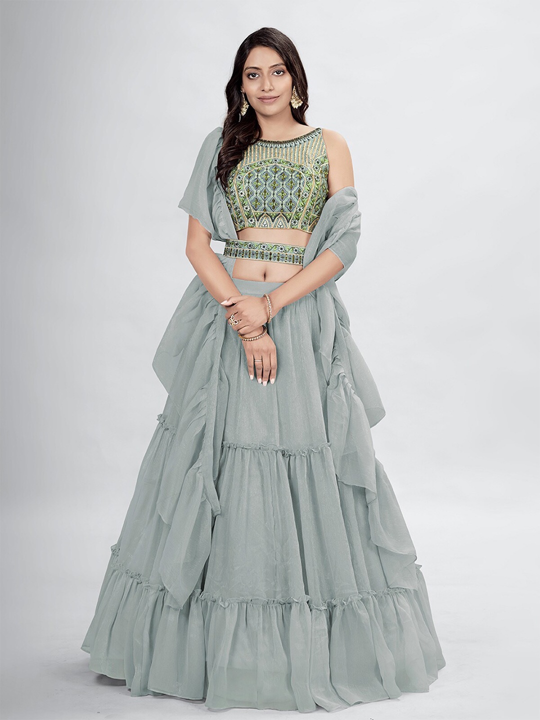 

ODETTE Embroidered Thread Work Unstitched Lehenga & Blouse With Dupatta, Grey