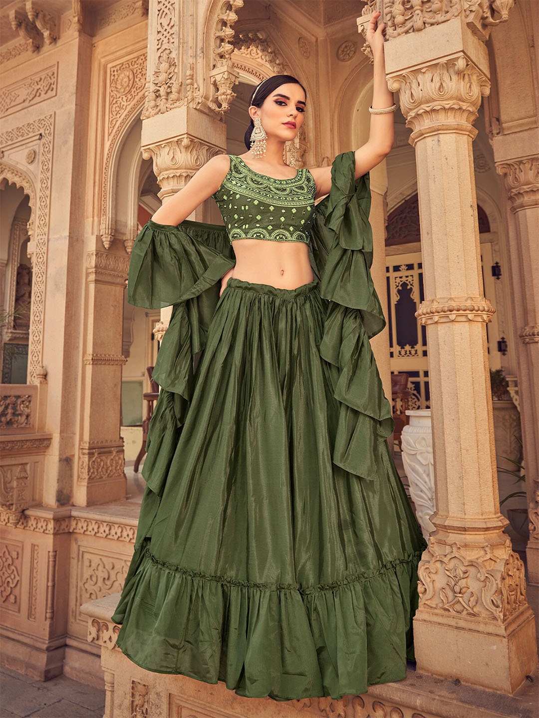 

ODETTE Embroidered Thread Work Semi-Stitched Lehenga & Blouse With Dupatta, Olive