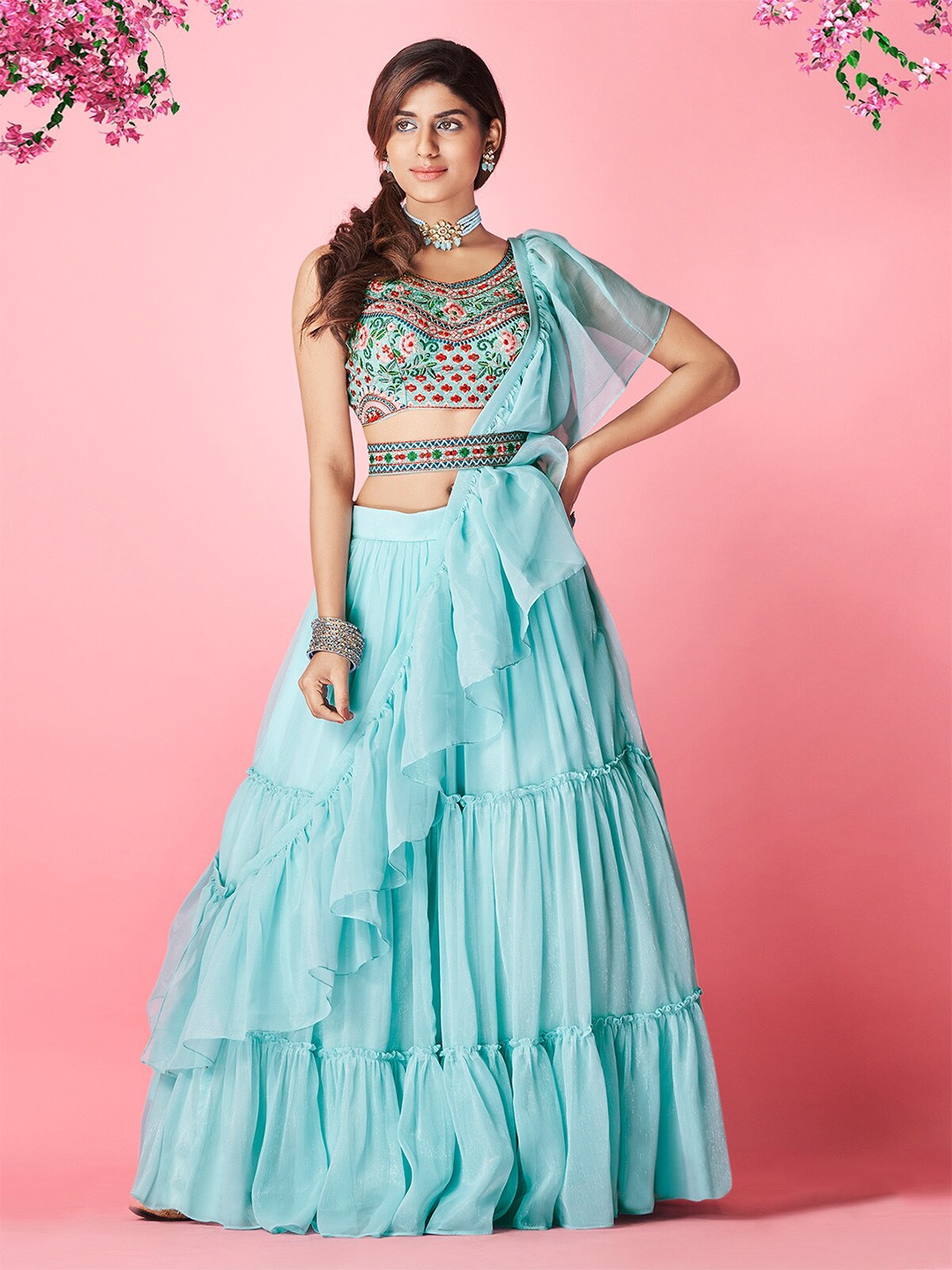 

ODETTE Embroidered Thread Work Semi-Stitched Lehenga & Blouse With Dupatta, Blue
