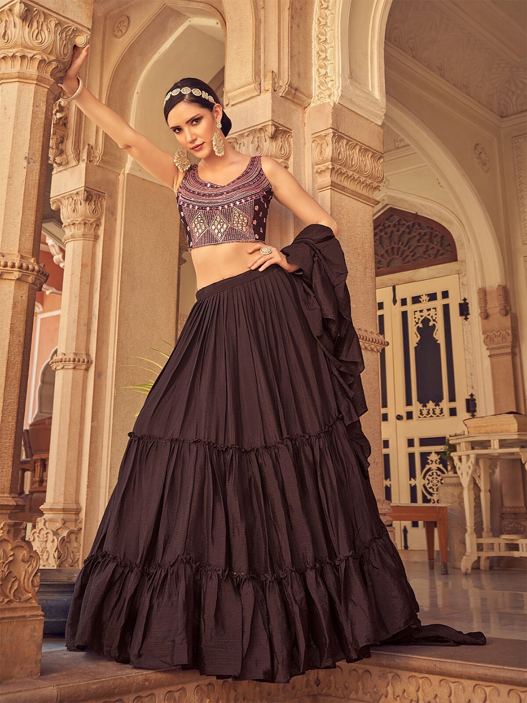 

ODETTE Embroidered Thread Work Semi-Stitched Lehenga & Blouse With Dupatta, Brown