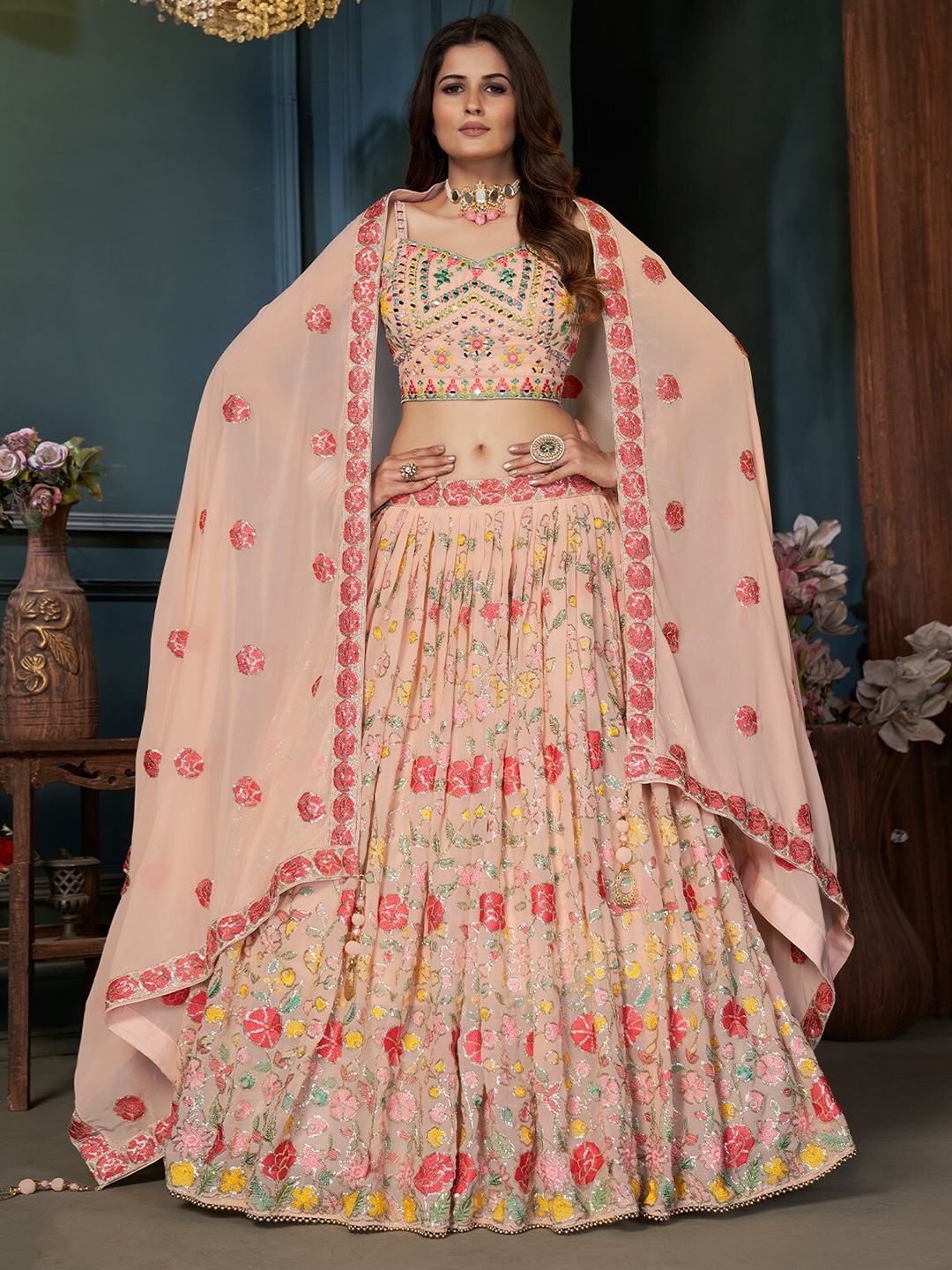 

ODETTE Embroidered Thread Work Ready to Wear Lehenga & Blouse With Dupatta, Peach