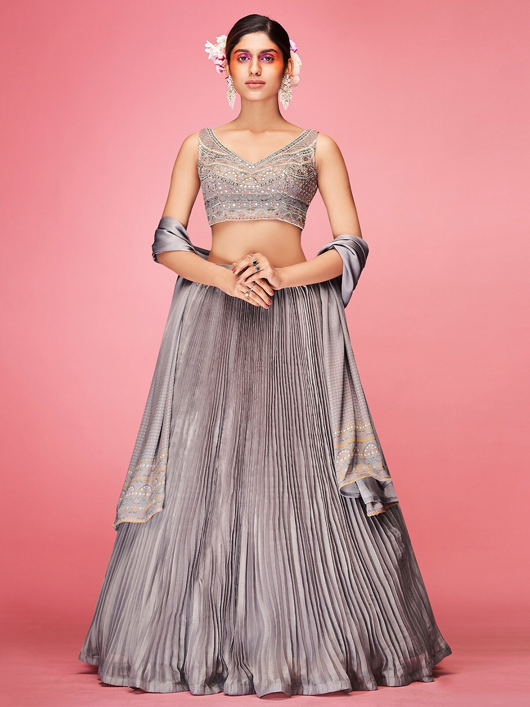 

ODETTE Embroidered Thread Work Ready to Wear Lehenga & Blouse With Dupatta, Grey