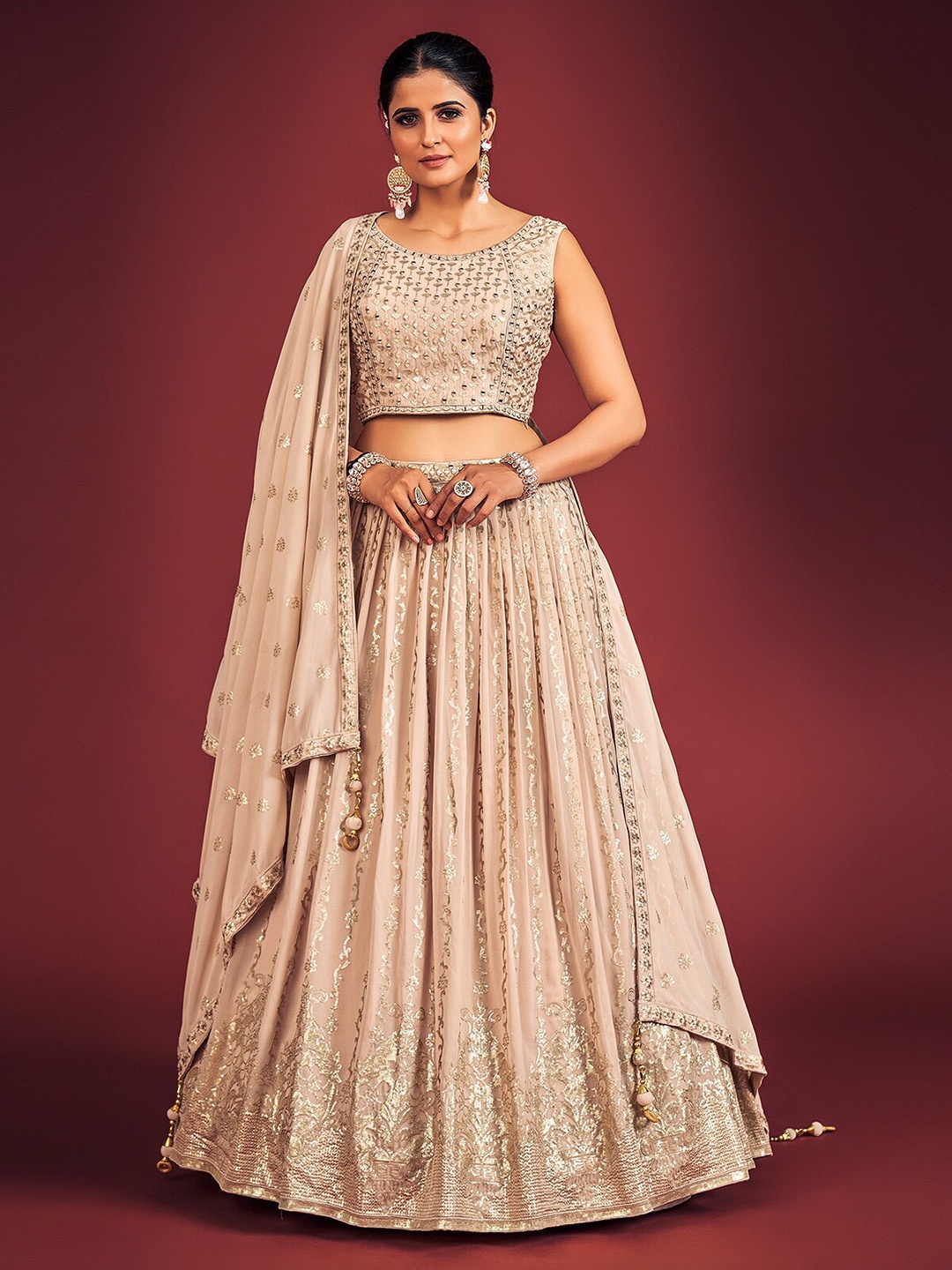 

ODETTE Embellished Thread Work Ready to Wear Lehenga & Blouse With Dupatta, Peach