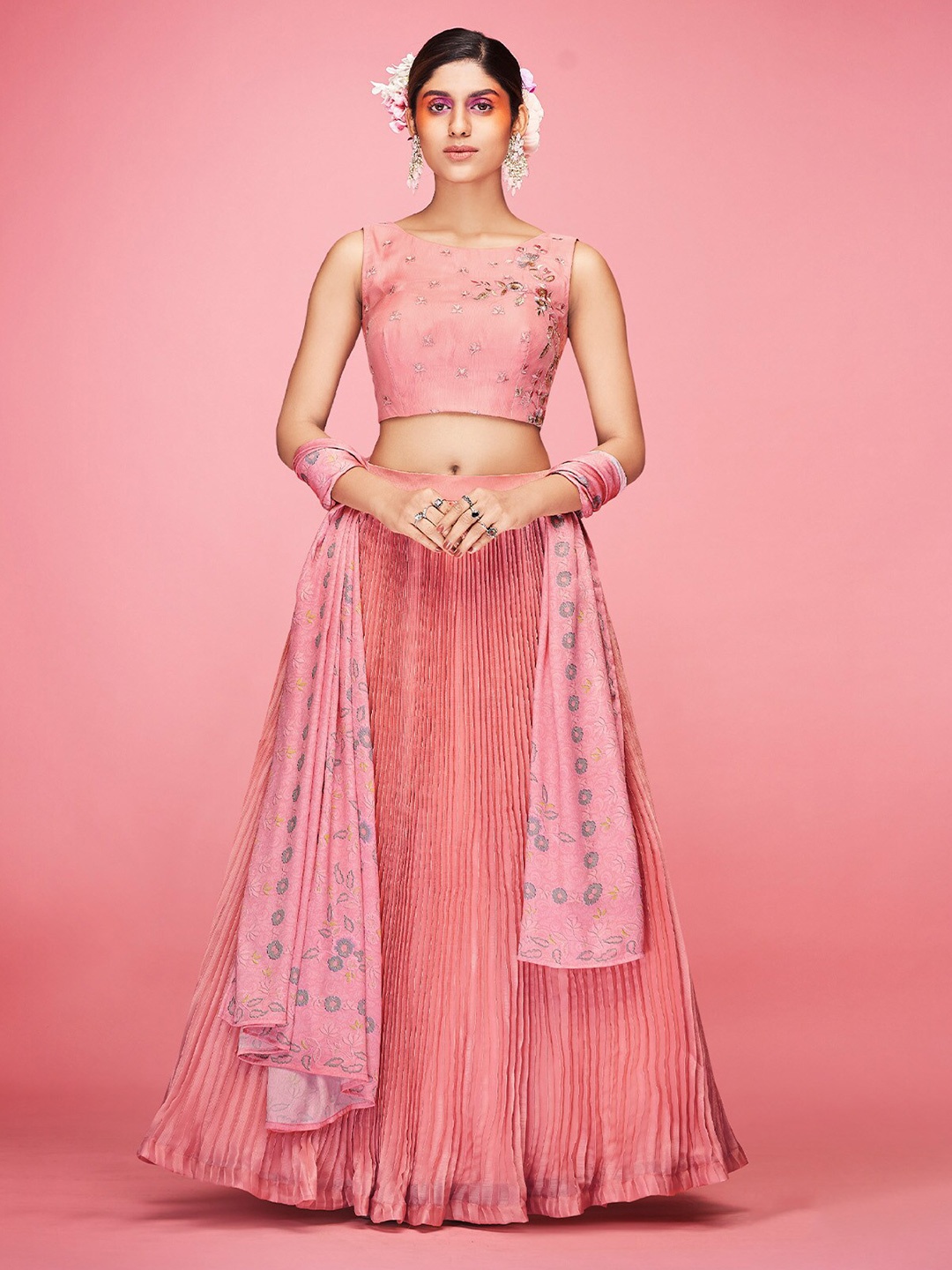 

ODETTE Embroidered Thread Work Ready to Wear Lehenga & Blouse With Dupatta, Pink