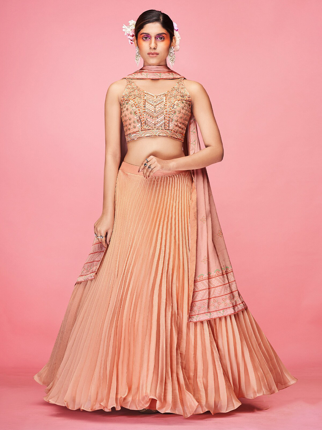 

ODETTE Embroidered Sequinned Ready to Wear Lehenga & Blouse With Dupatta, Peach