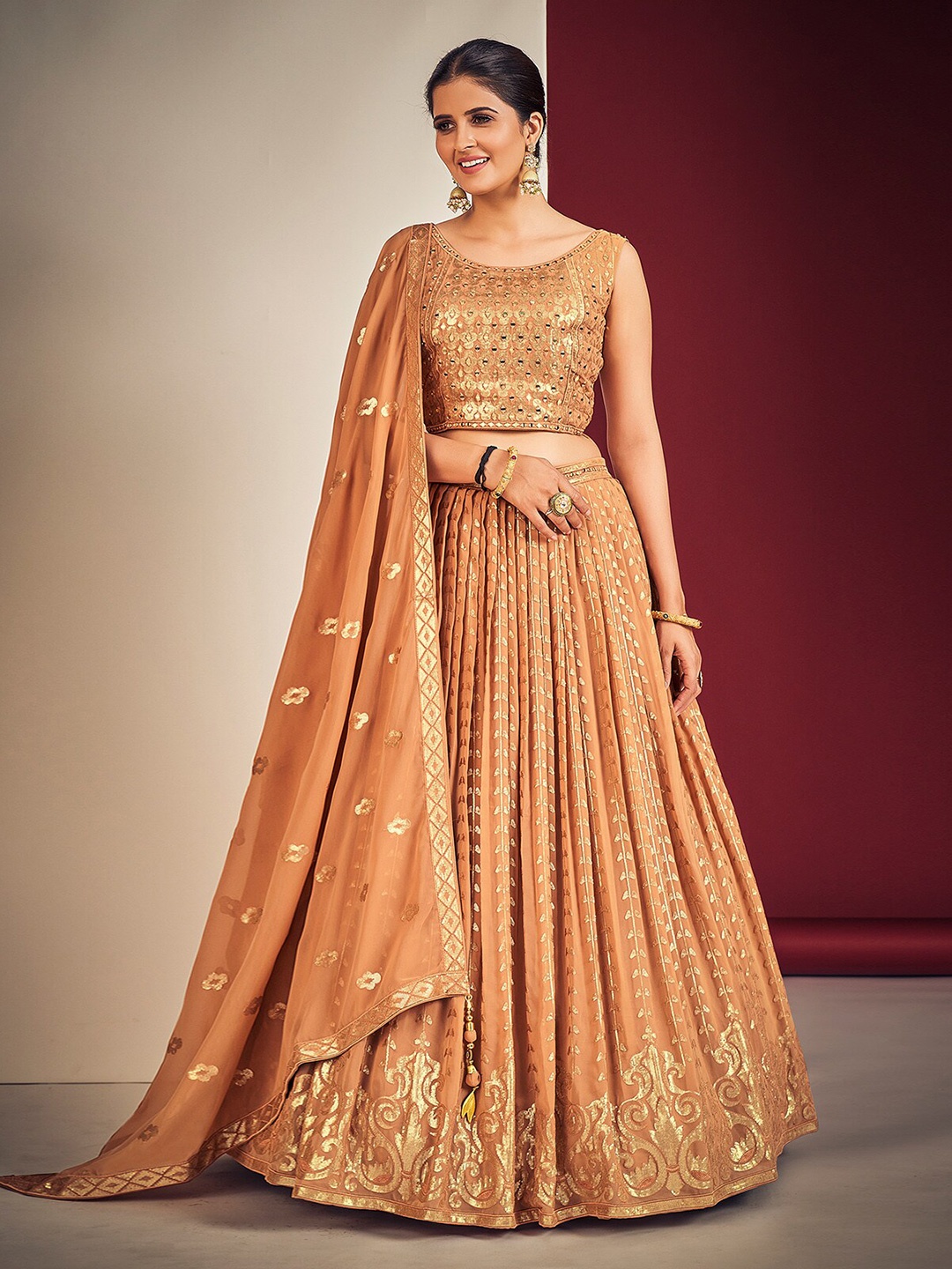 

ODETTE Embellished Sequinned Ready to Wear Lehenga & Blouse With Dupatta, Peach