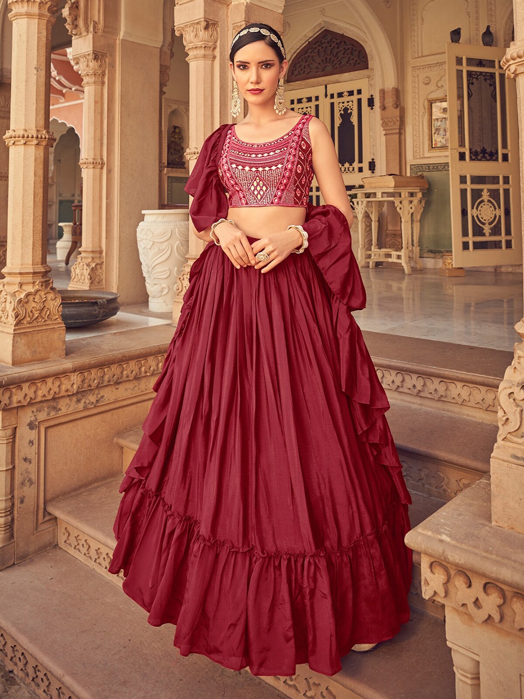 

ODETTE Embroidered Mirror Work Semi-Stitched Lehenga & Blouse With Dupatta, Maroon