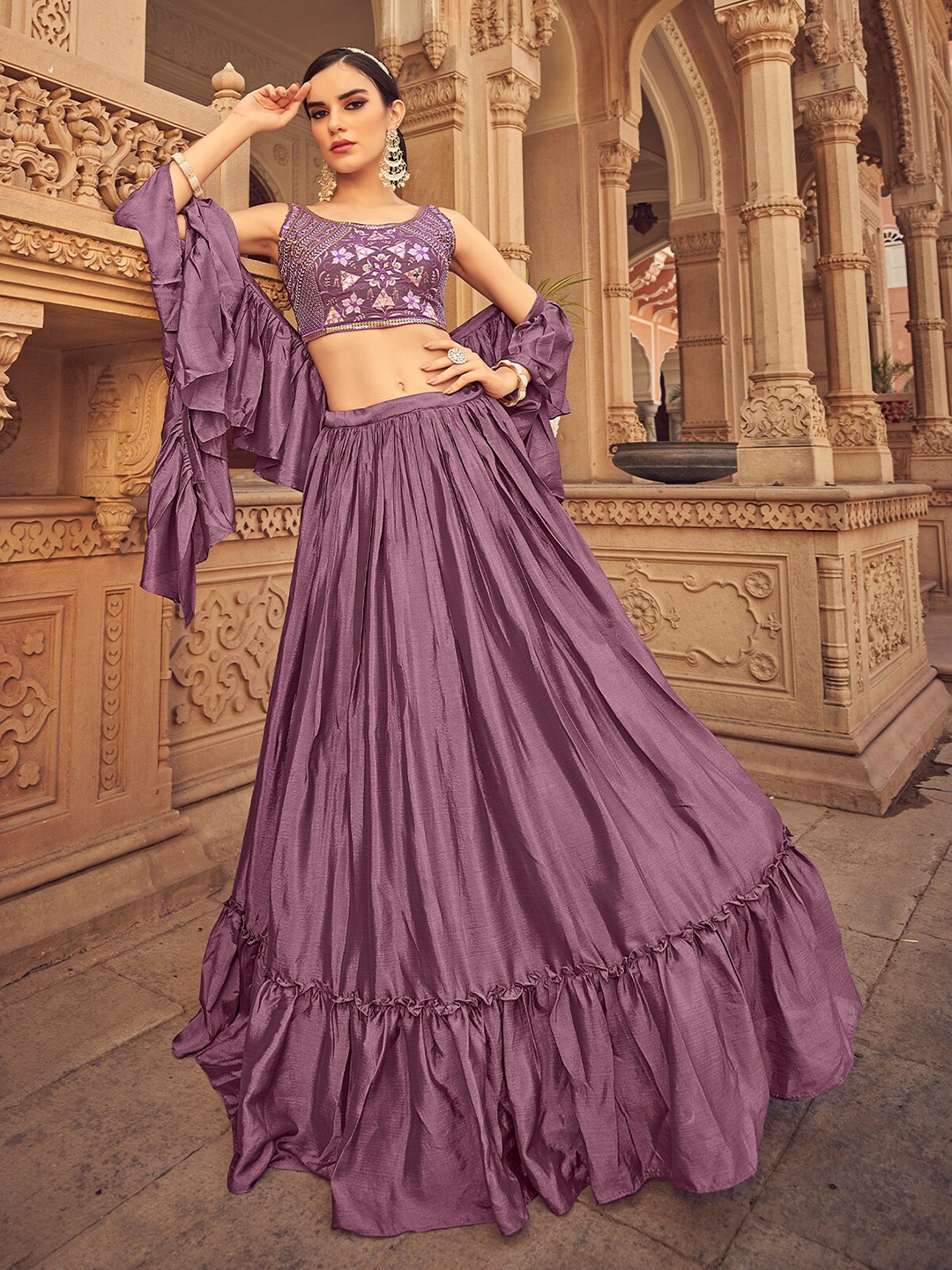 

ODETTE Embroidered Mirror Work Semi-Stitched Lehenga & Blouse With Dupatta, Purple