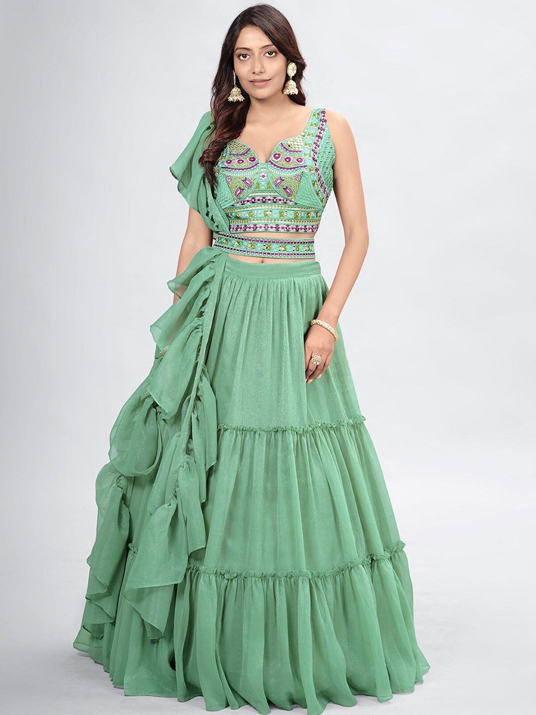 

ODETTE Ethnic Motifs Embroidered Mirror Work Unstitched Lehenga & Blouse With Dupatta, Sea green