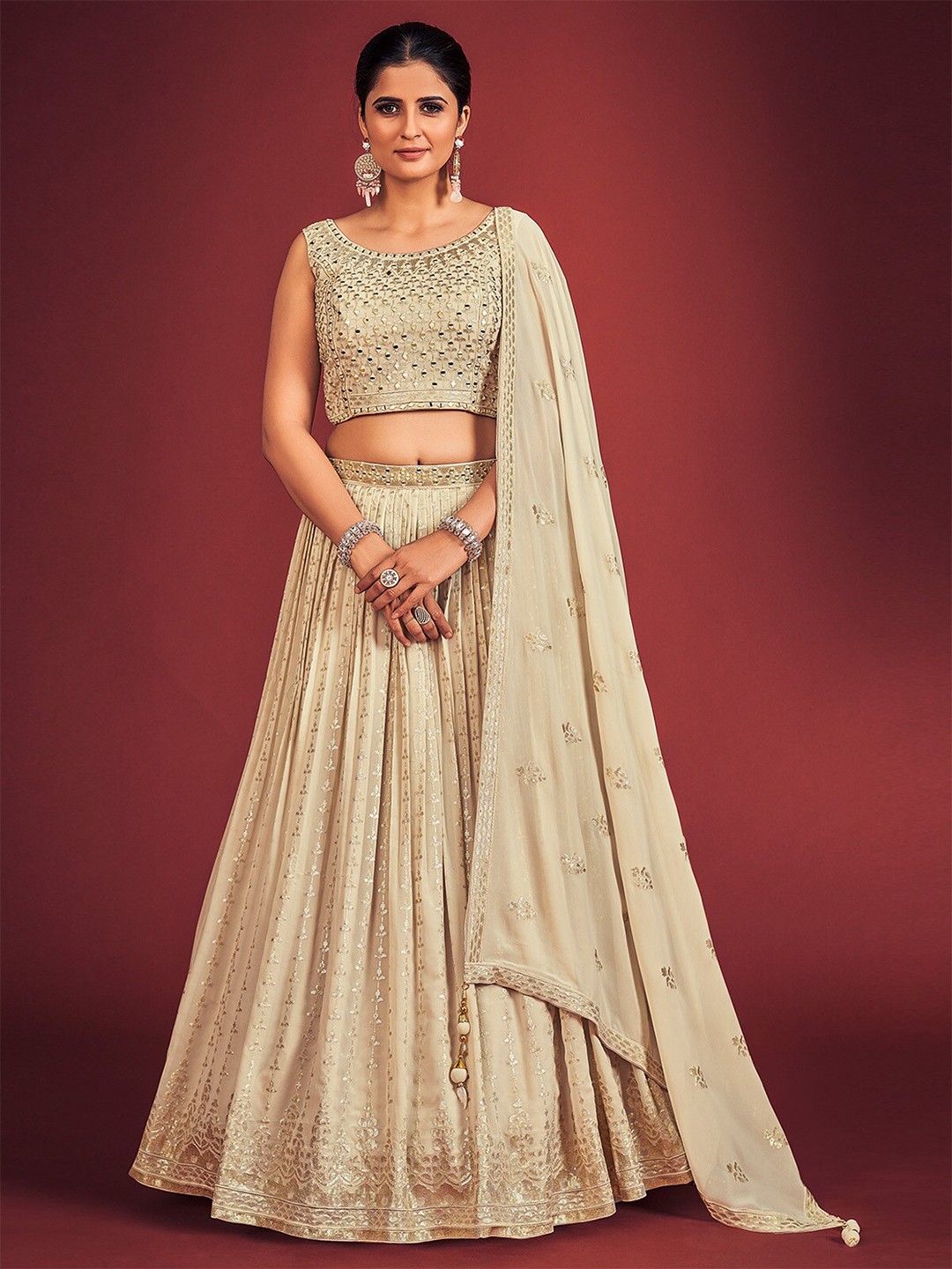 

ODETTE Embellished Georgette Ready to Wear Lehenga & Blouse With Dupatta, Beige