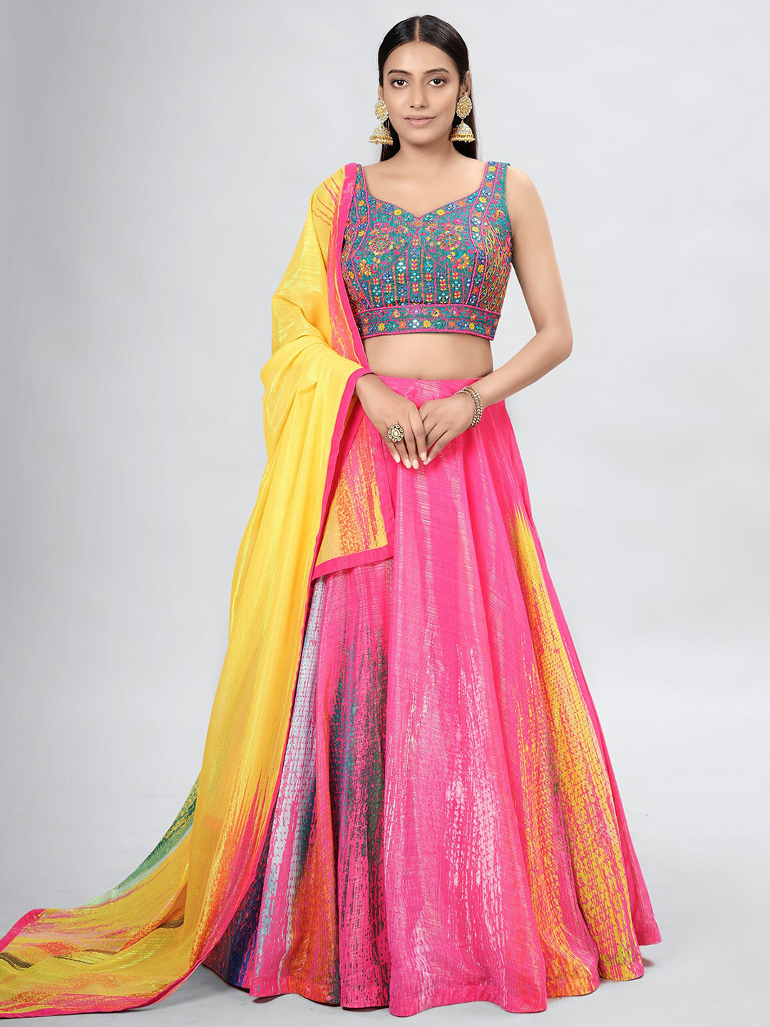 

ODETTE Ethnic Motifs Embroidered Mirror Work Semi-Stitched Lehenga & Blouse With Dupatta, Pink