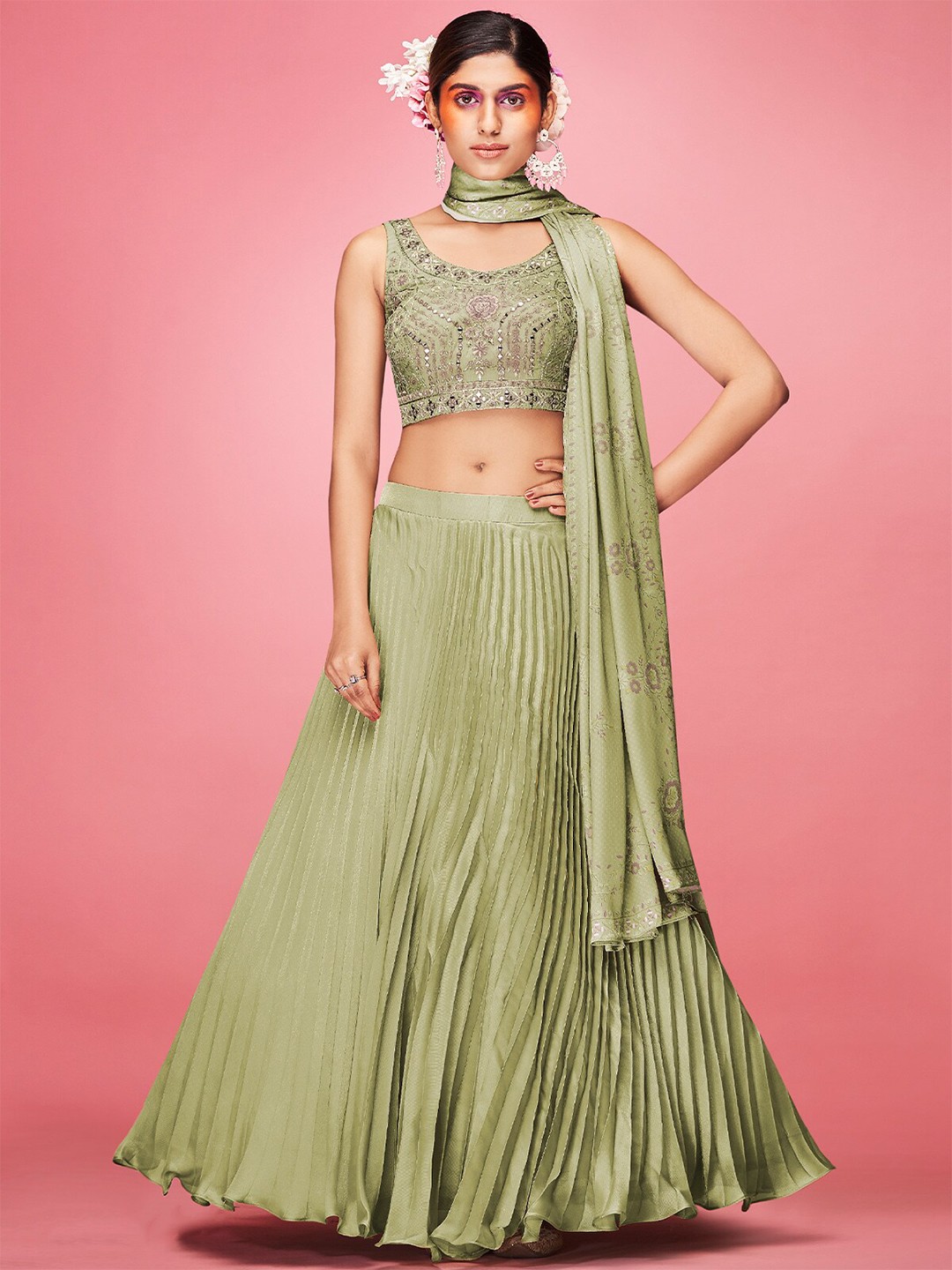 

ODETTE Embroidered Thread Work Ready to Wear Lehenga & Blouse With Dupatta, Olive