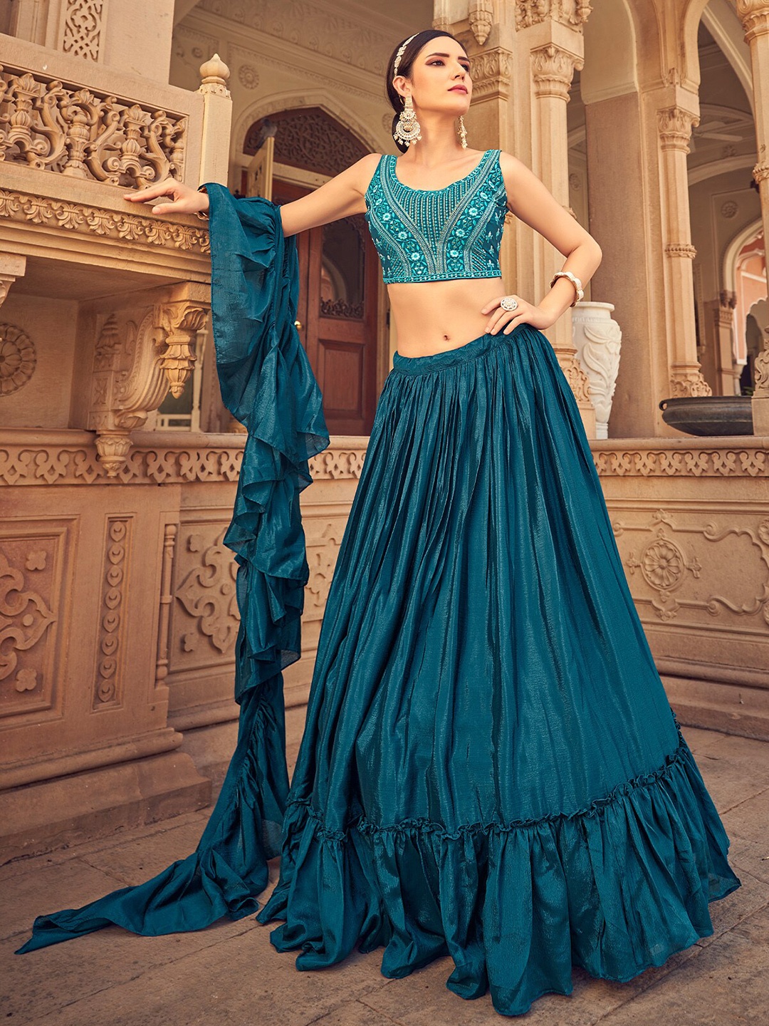 

ODETTE Embroidered Mirror Work Semi-Stitched Lehenga & Blouse With Dupatta, Teal
