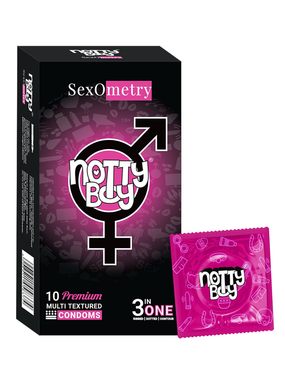 

noTTy Boy 3 In One Dotted Ribbed & Contoured Multi Textured Lubricated Condoms - 10 Pcs, Black