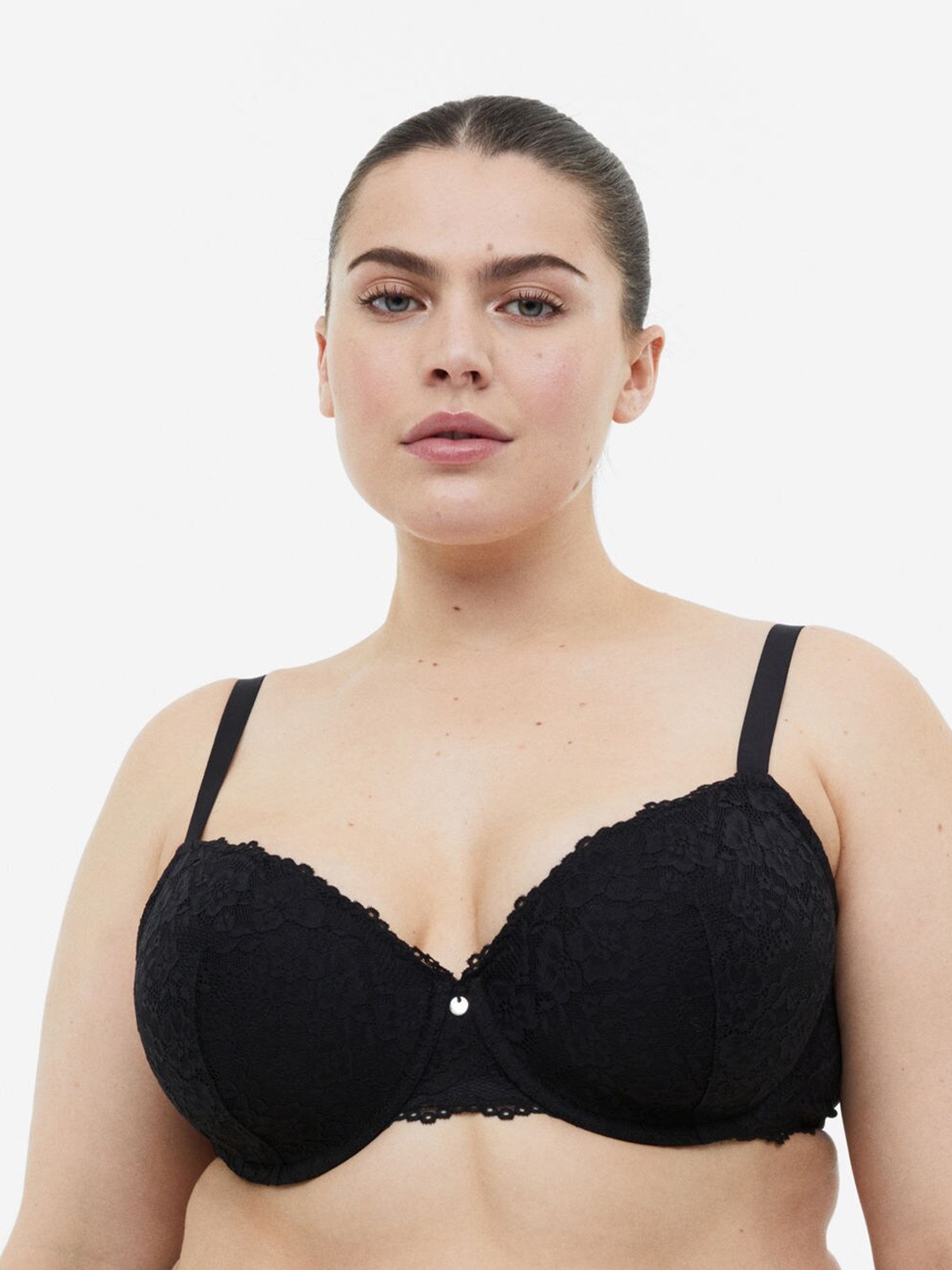 

H&M Women Plus Size Padded Underwired Lace Bra, Black