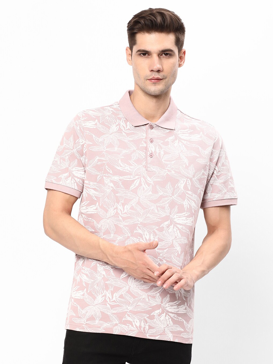 

R&B Floral Printed Polo Collar Cotton T-shirt, Pink