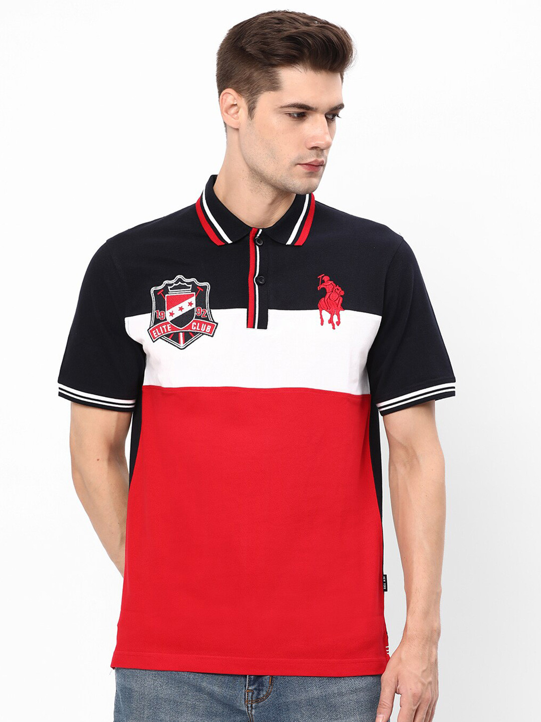 

R&B Colourblocked Polo Collar Cotton T-shirt, Red