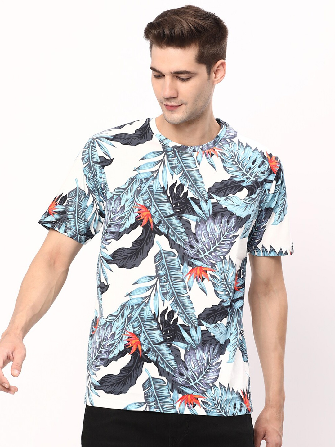

R&B Tropical Printed Cotton T-shirt, White