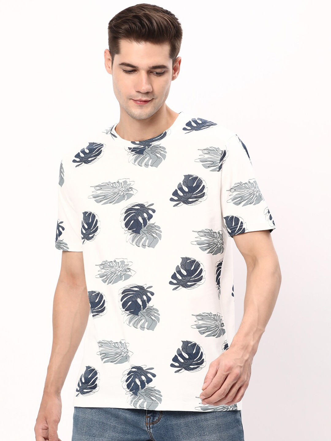 

R&B Tropical Printed Crew Neck Cotton T-shirt, White